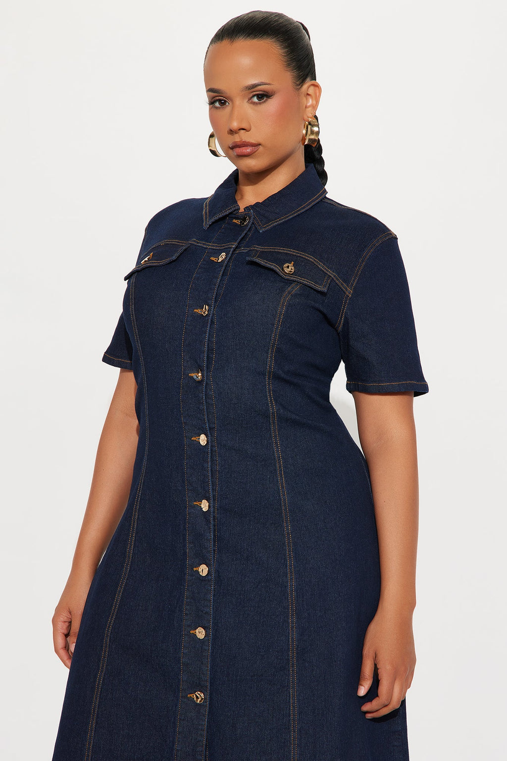Deandra Denim Stretch Short Sleeve Midi Dress - Dark Denim