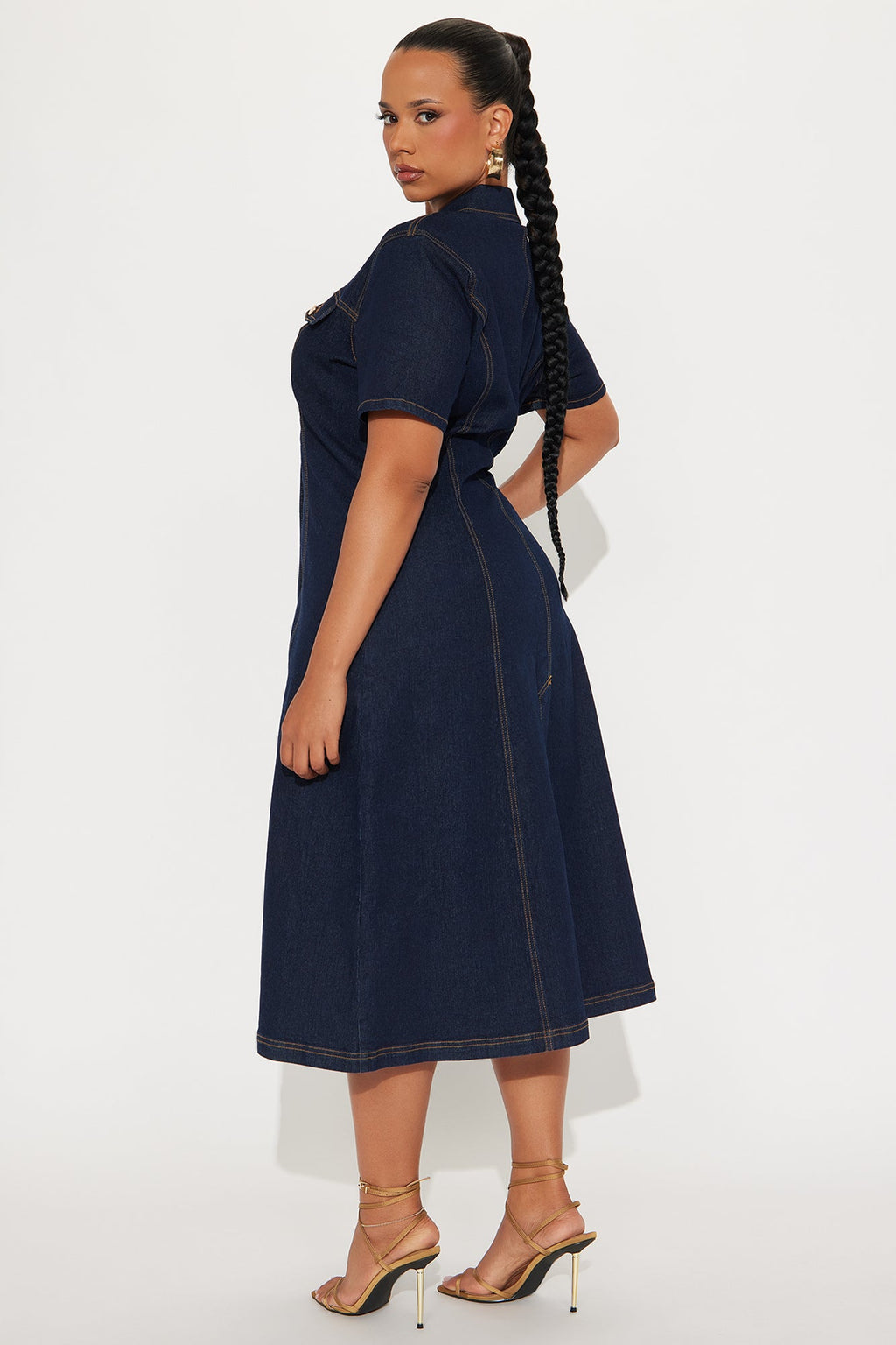 Deandra Denim Stretch Short Sleeve Midi Dress - Dark Denim