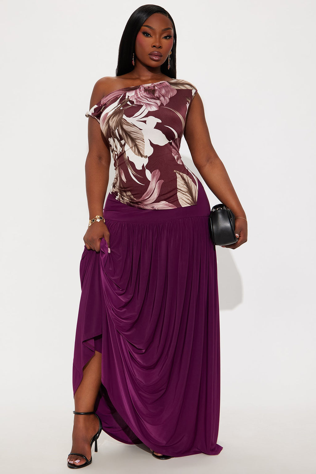Jungle Villa Asymmetrical Off Shoulder Top - Burgundy/combo