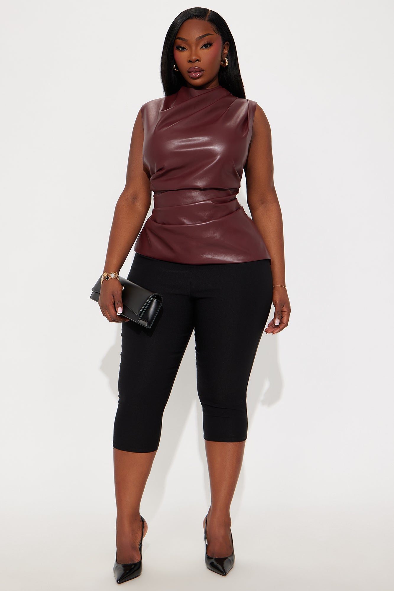 Estelle Faux Leather Mock Neck Top - Burgundy