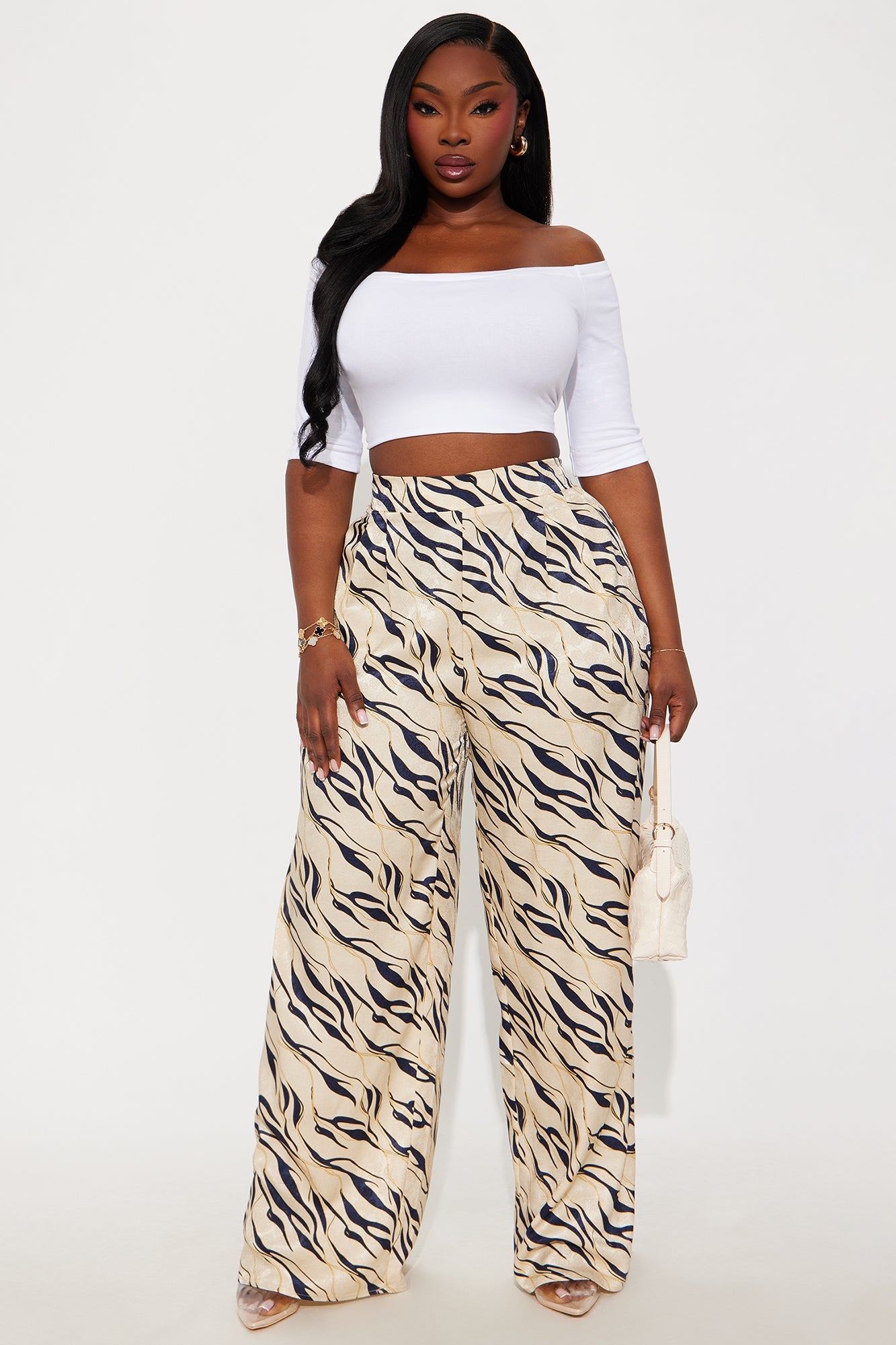 Sienna Satin Wide Leg Pant 33″ - Cream/combo