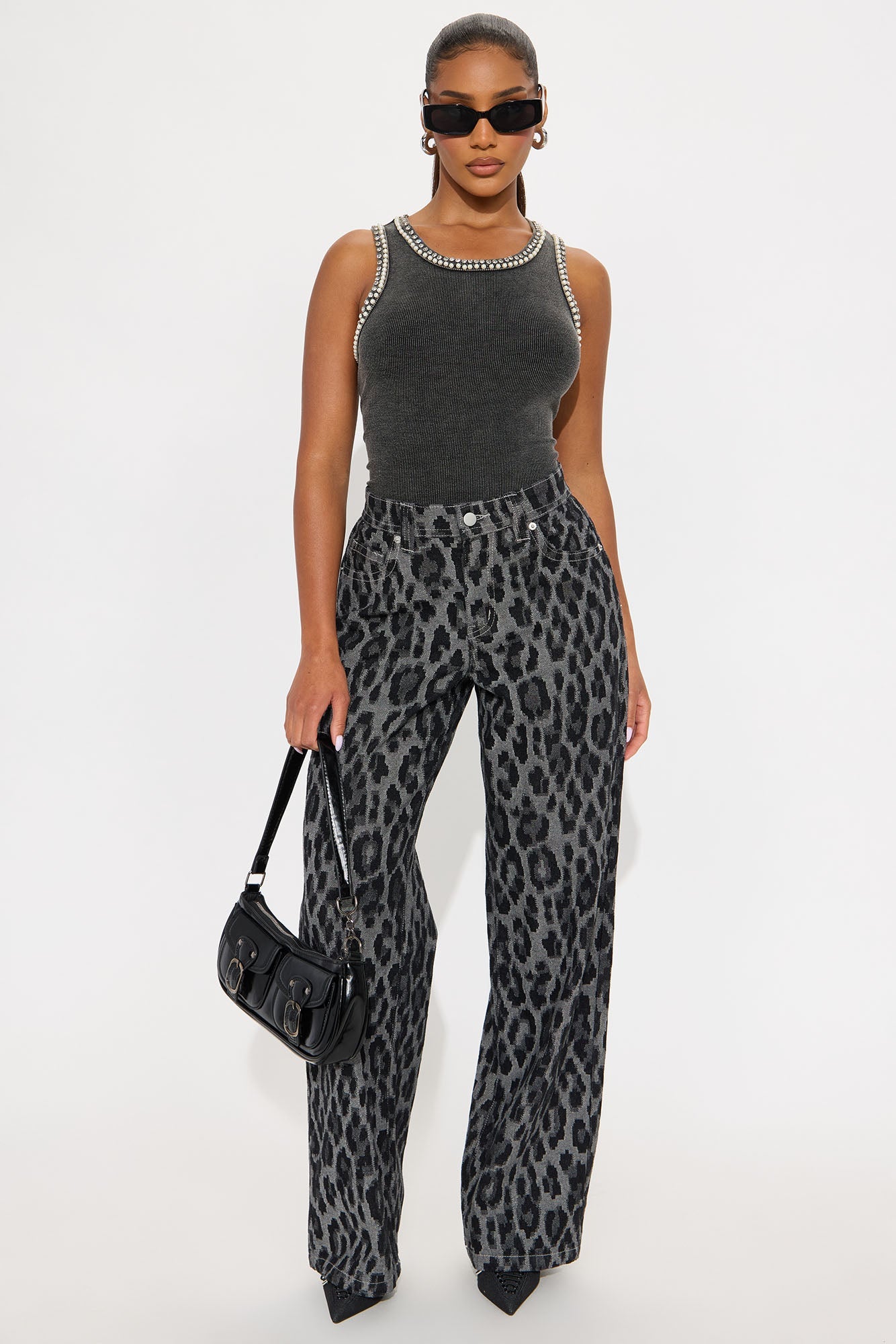 Aleka Rhinestone Ribbed Tank Top - Black Wash