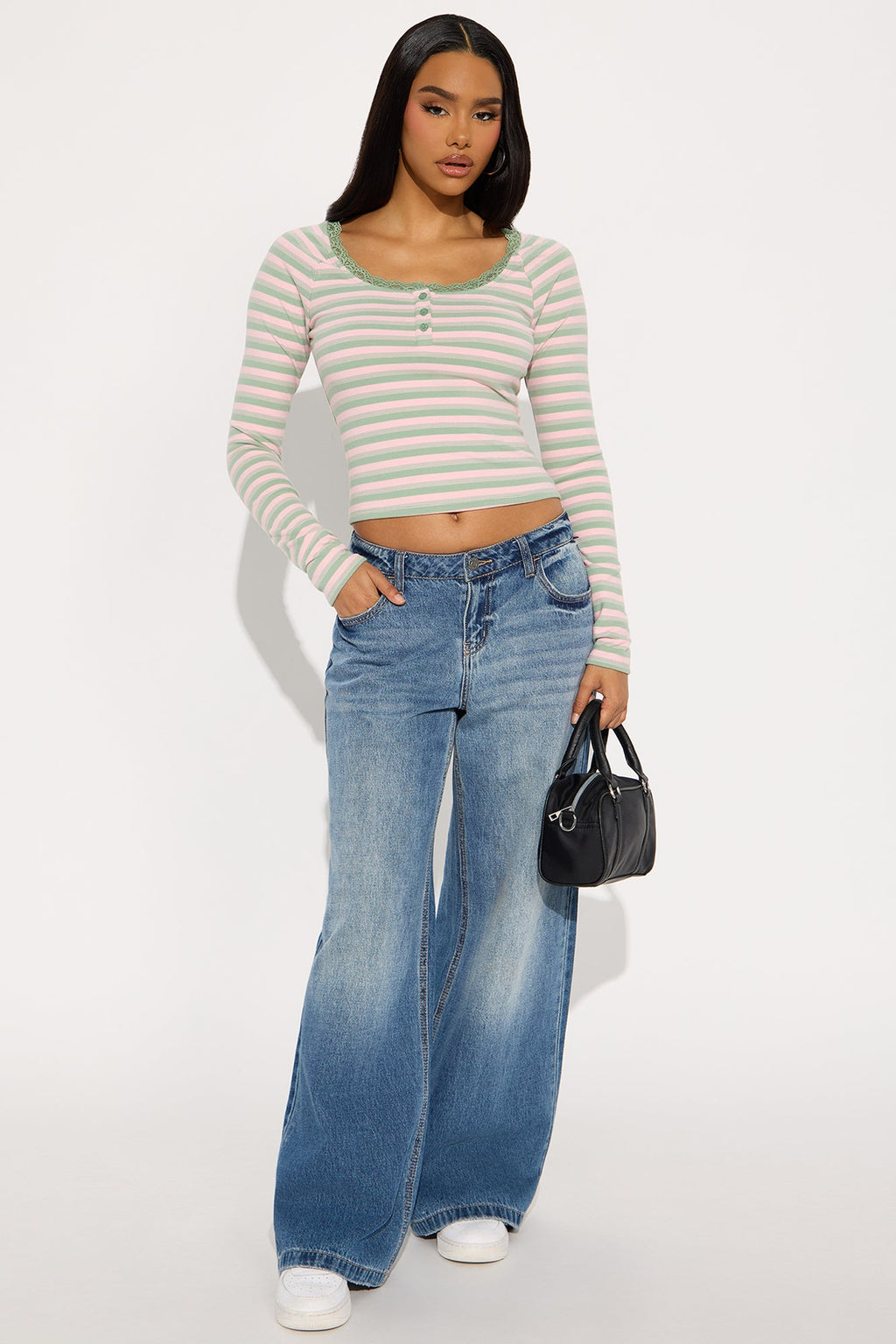 Myrtie Long Sleeve Henley Top - Pink/combo