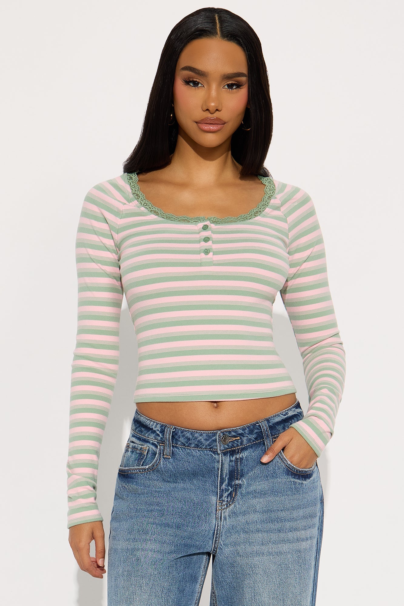 Myrtie Long Sleeve Henley Top - Pink/combo
