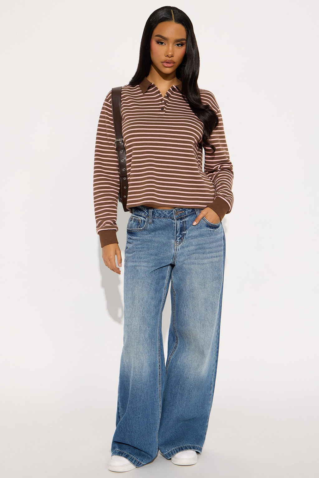 Vesta Striped Long Sleeve Polo Top - Brown/combo