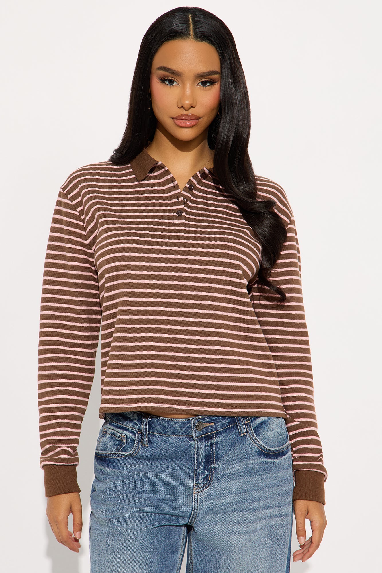 Vesta Striped Long Sleeve Polo Top - Brown/combo