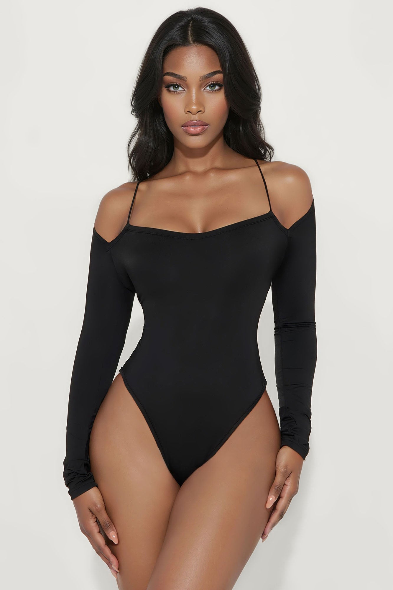 Jazzy Long Sleeve Cut Out Bodysuit - Black