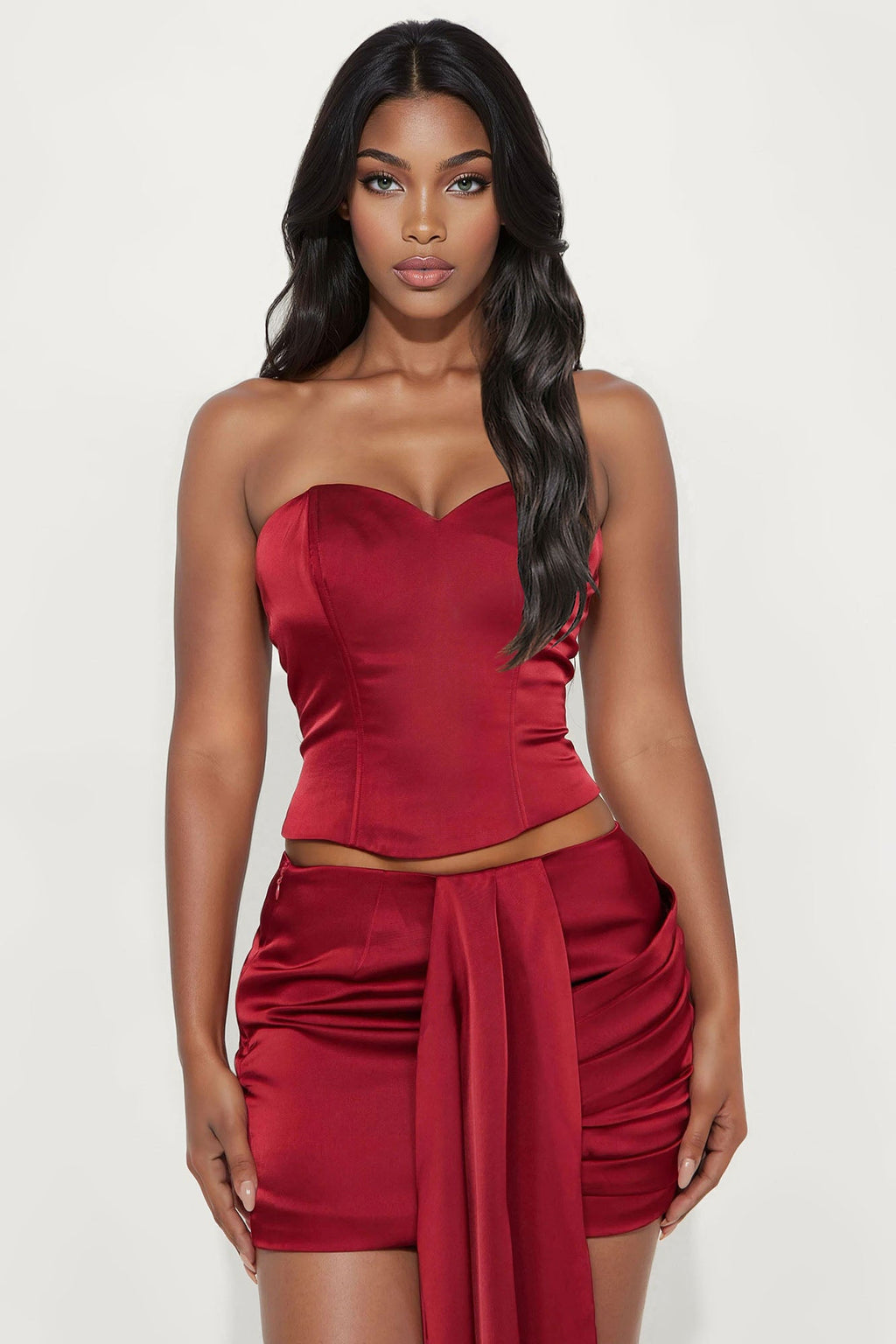 Princess Life Satin Corset and Mini Skirt Set - Burgundy 