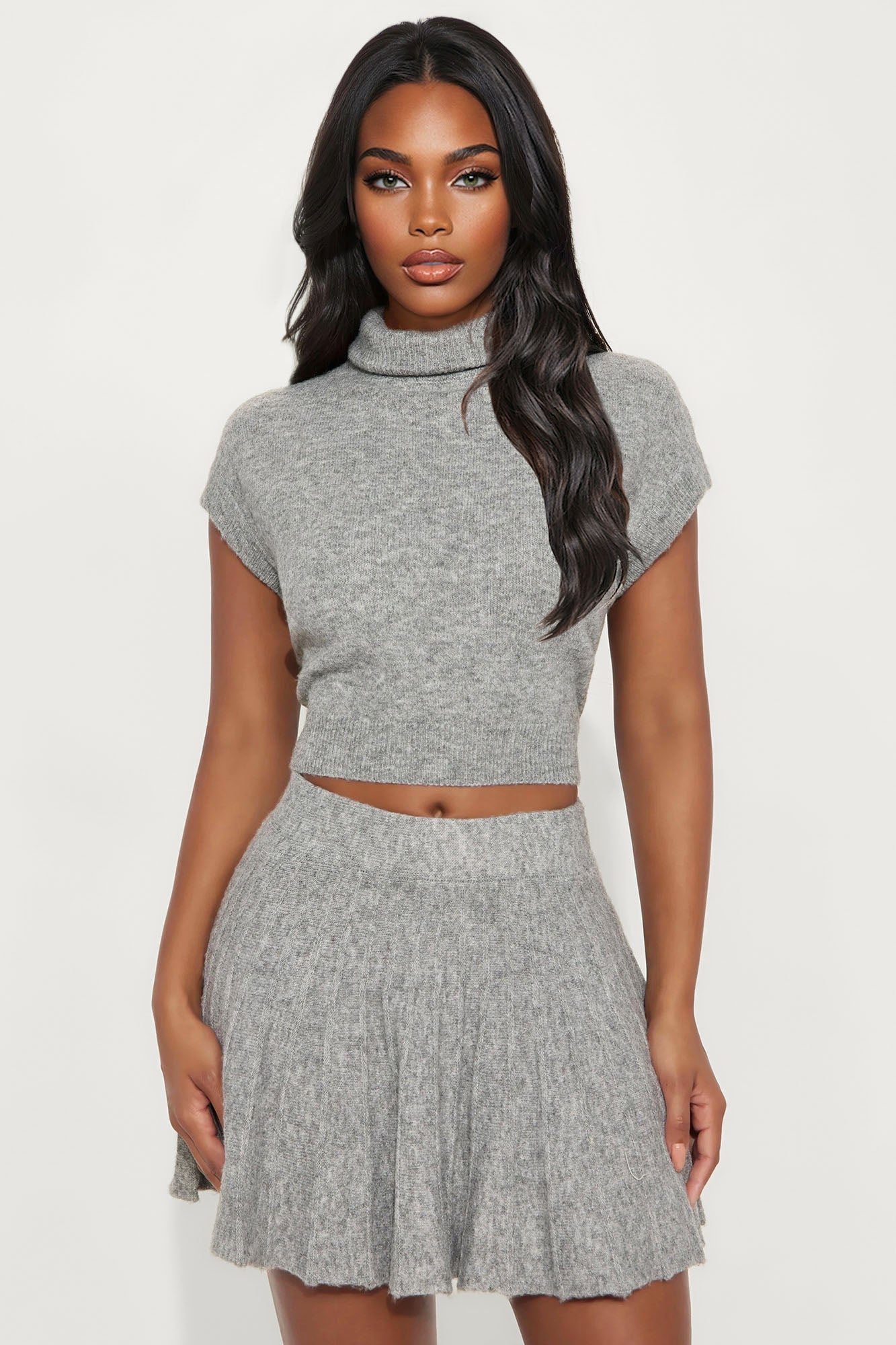 Alway Poised Sweater Pleated Skirt Set - Grey