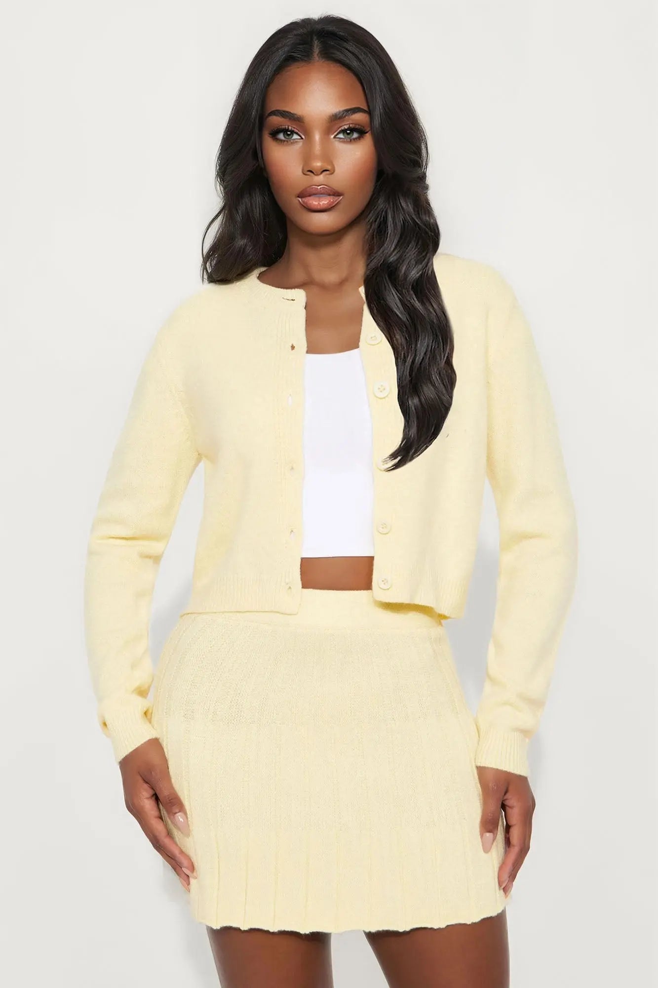 All Prepped Up Sweater Cardigan Mini Skirt Set - Yellow 