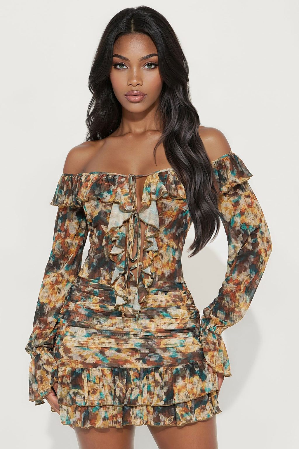 Carly Ruffle Mesh Mini Dress - Tan/Multi