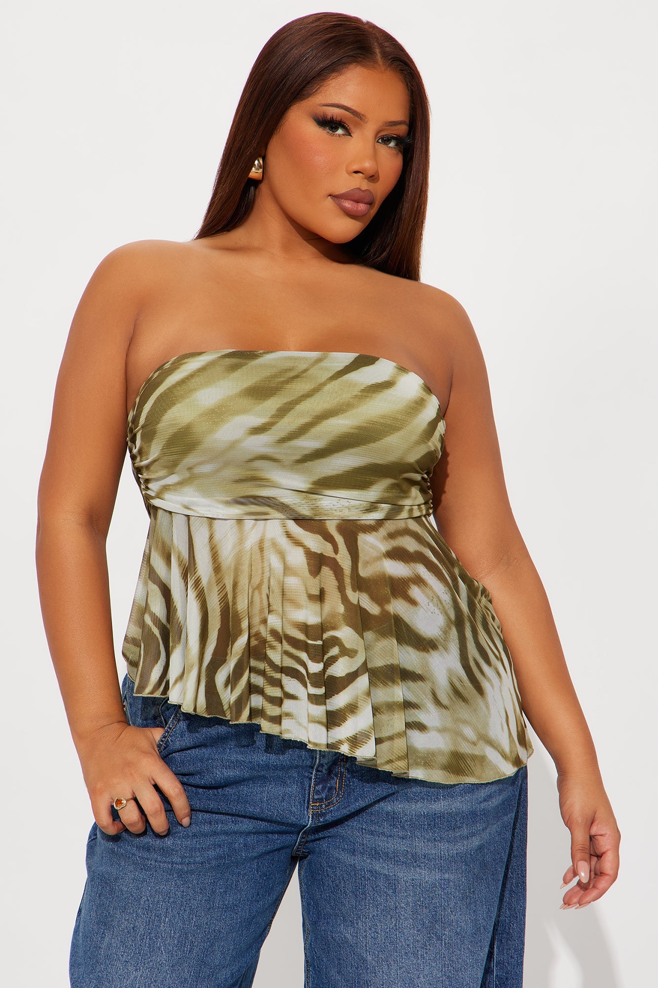 Zella Mesh Asymmetrical Tube Top - Olive/combo