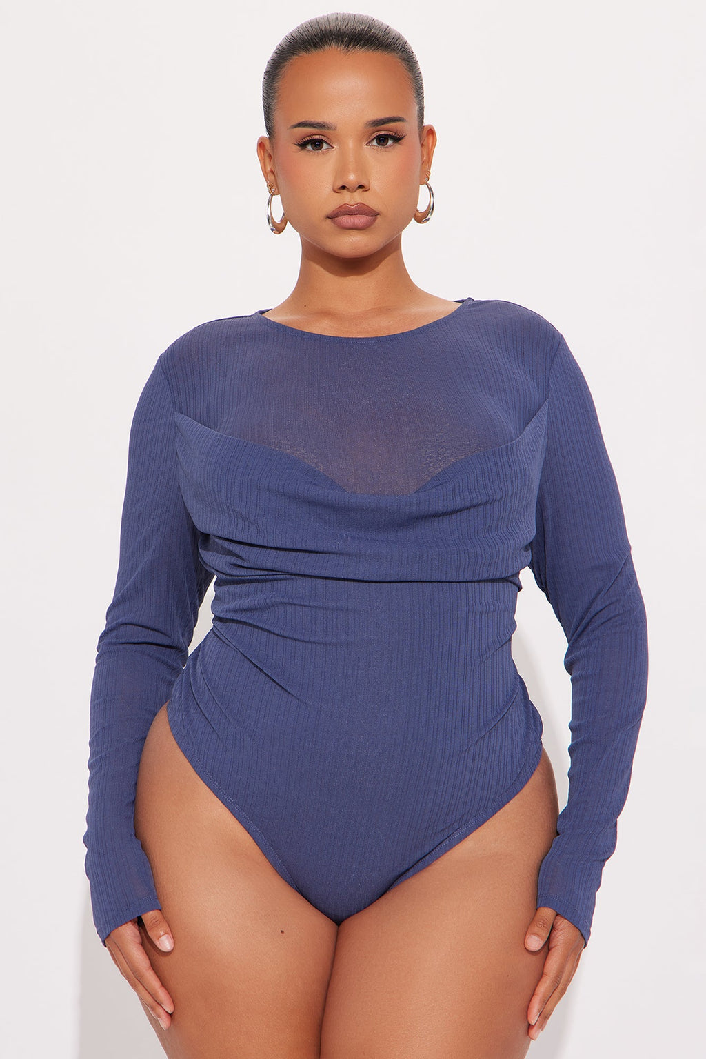 Feminine Flair Long Sleeve Ribbed Bodysuit - Denim