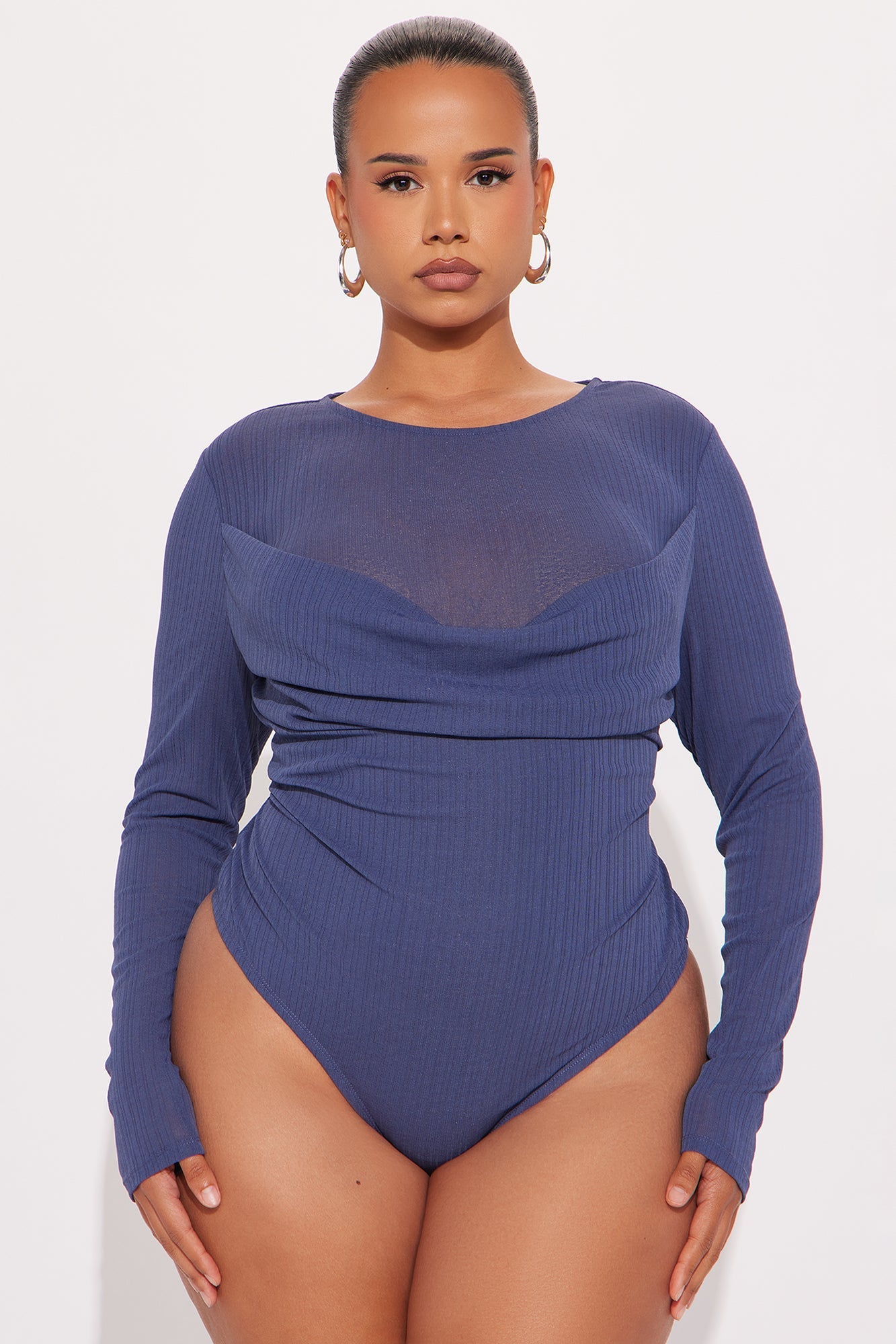 Feminine Flair Long Sleeve Ribbed Bodysuit - Denim