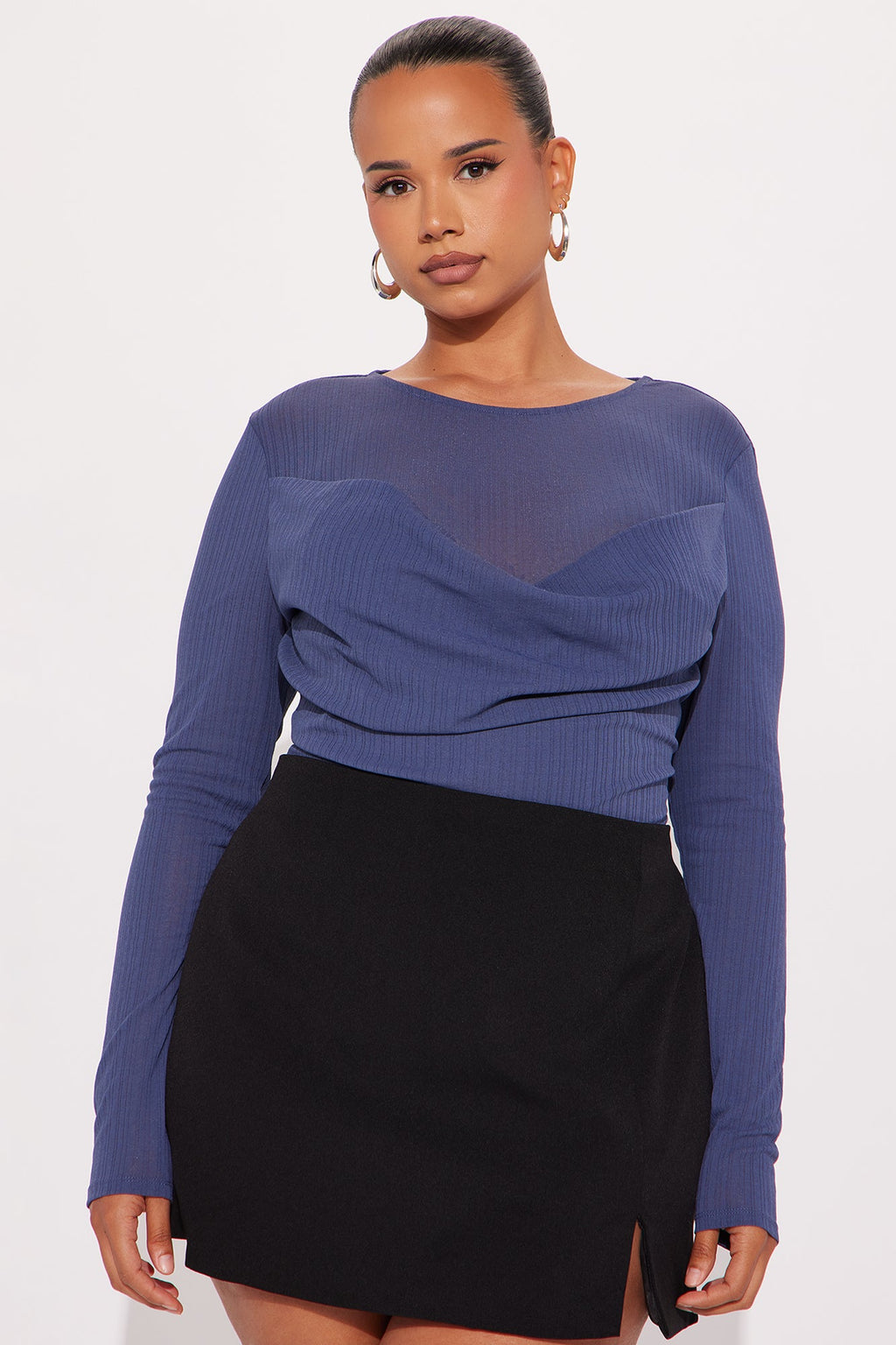 Feminine Flair Long Sleeve Ribbed Bodysuit - Denim