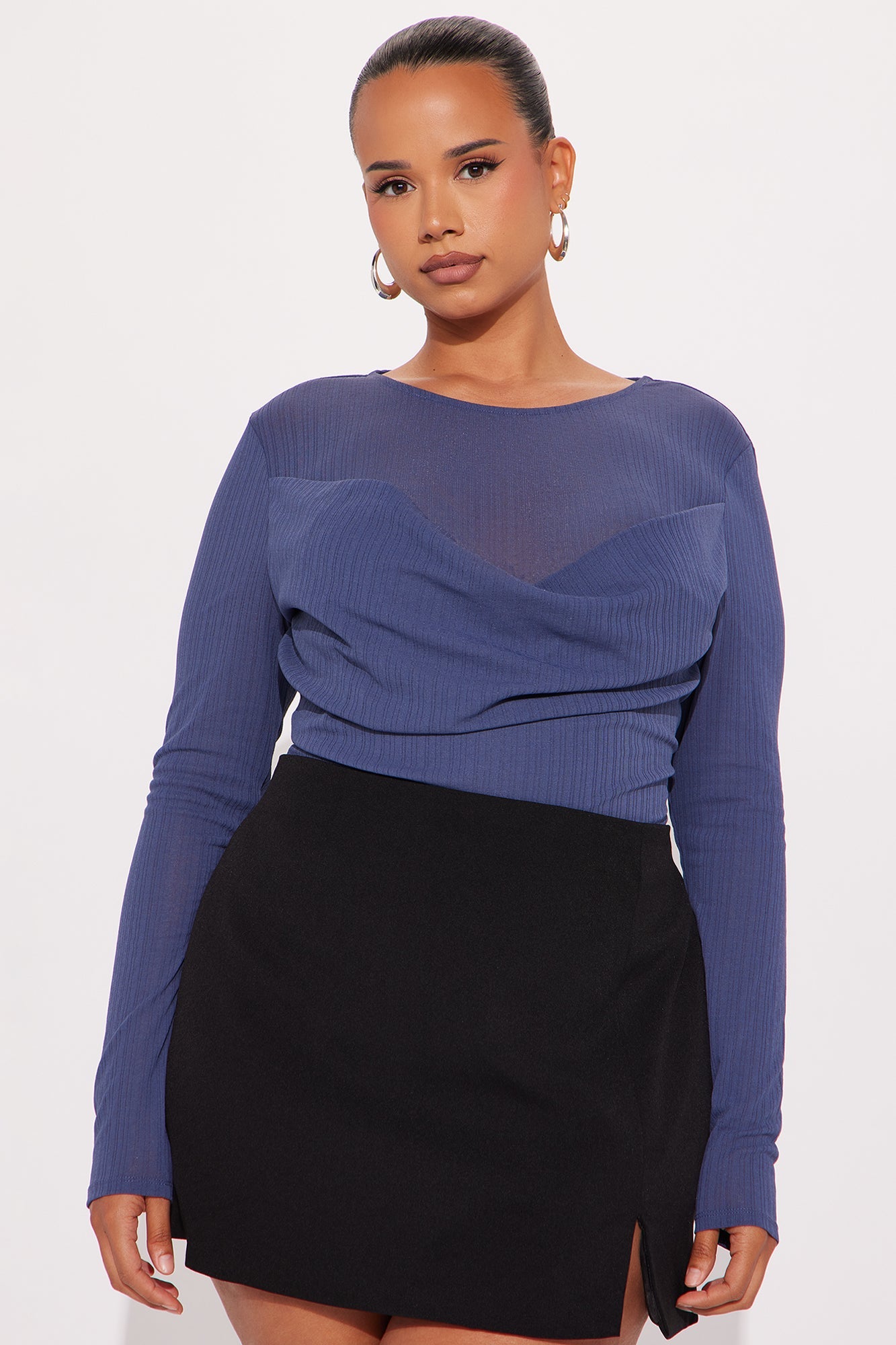 Feminine Flair Long Sleeve Ribbed Bodysuit - Denim