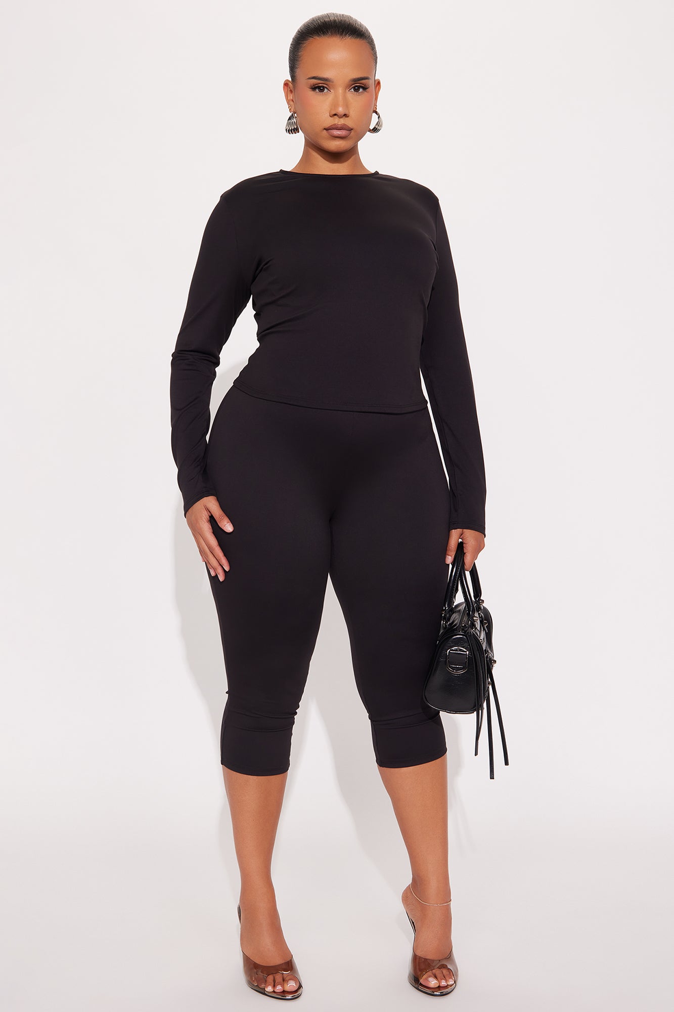 All Day Sleek Long Sleeve Matte Tricot Capri Set - Black 