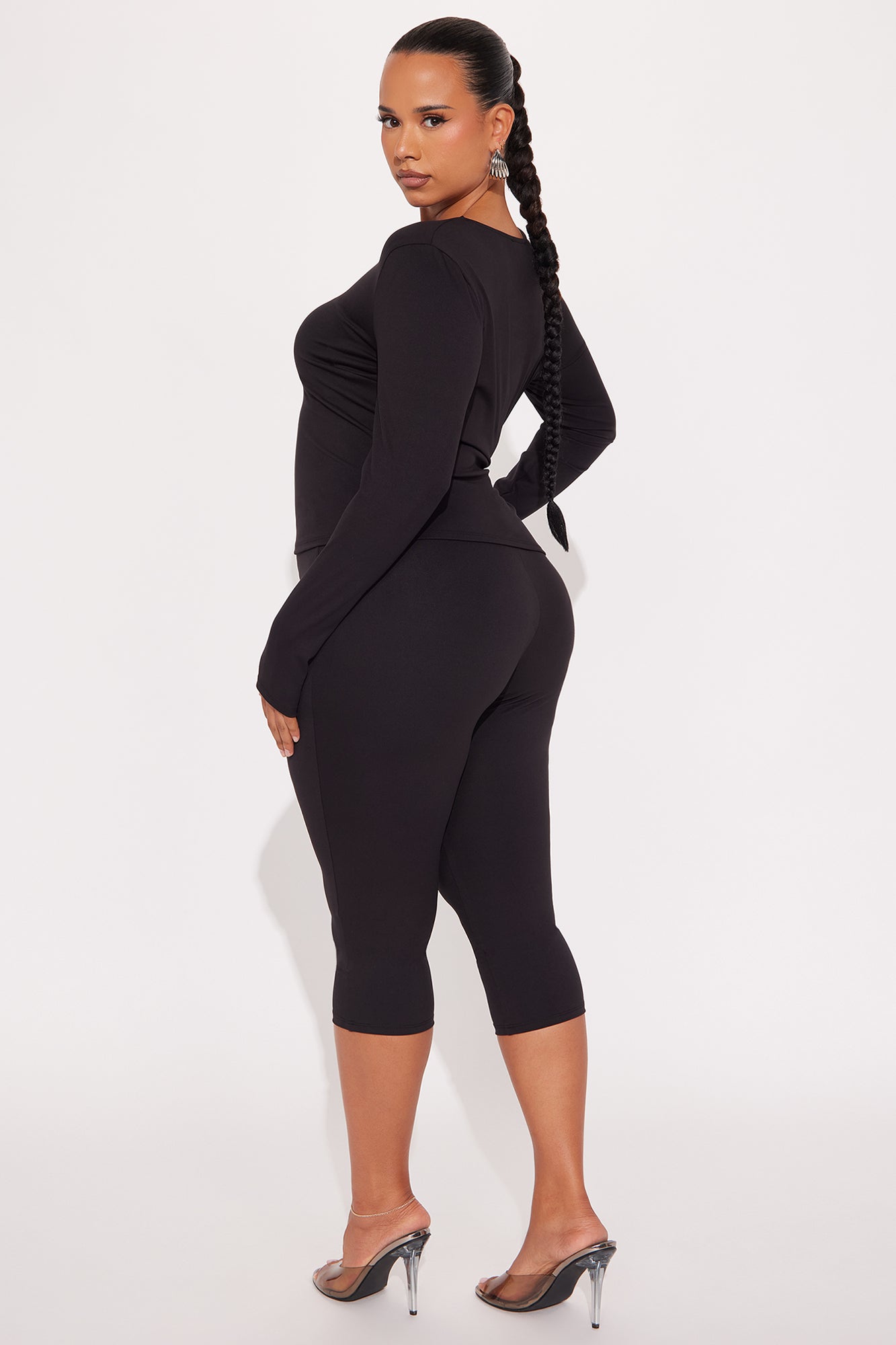 All Day Sleek Long Sleeve Matte Tricot Capri Set - Black 