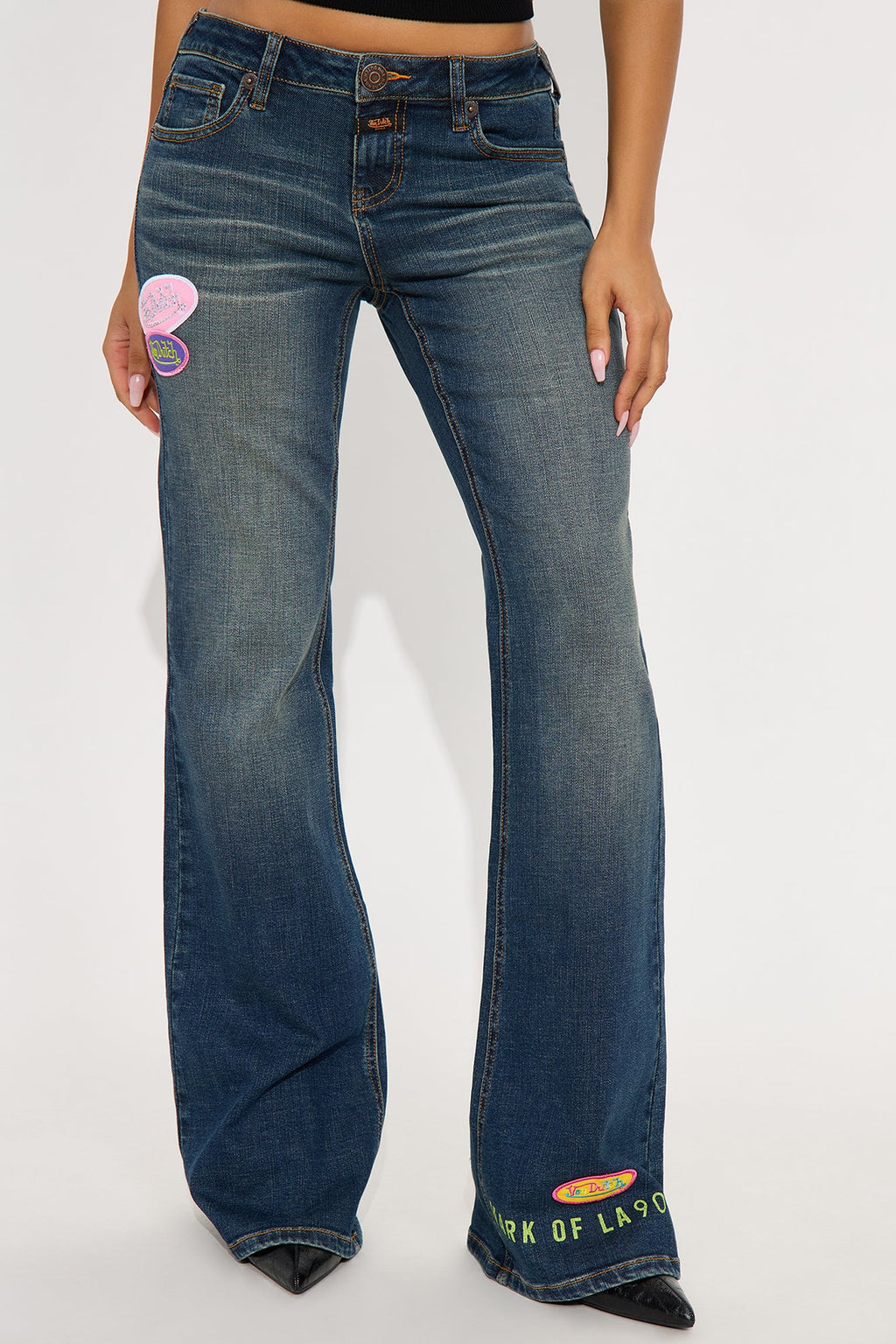 Von Dutch Tinted Low Rise Flare Jeans - Dark Wash