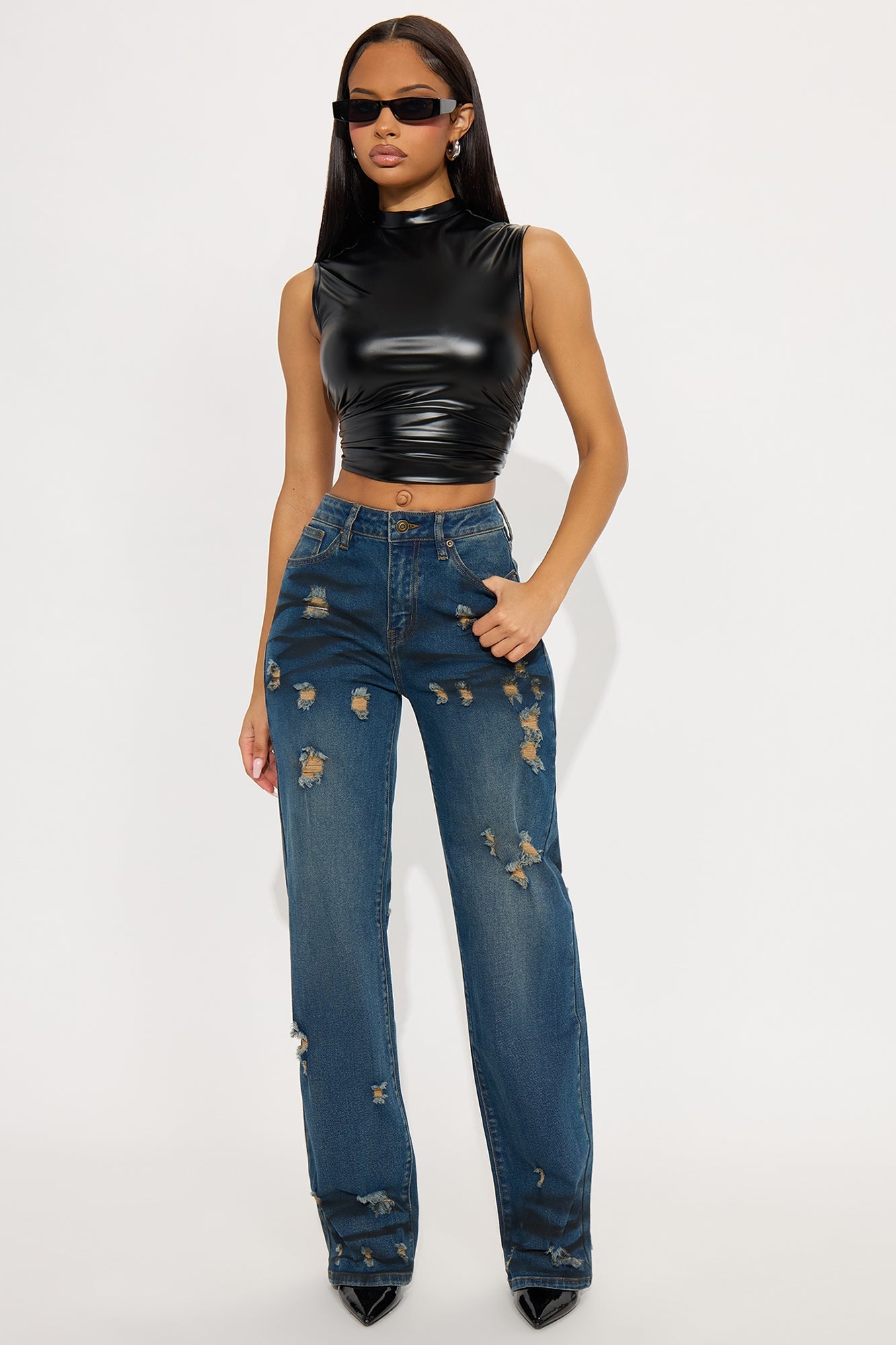Power Move Distressed Straight Leg Jeans - Vintage Wash