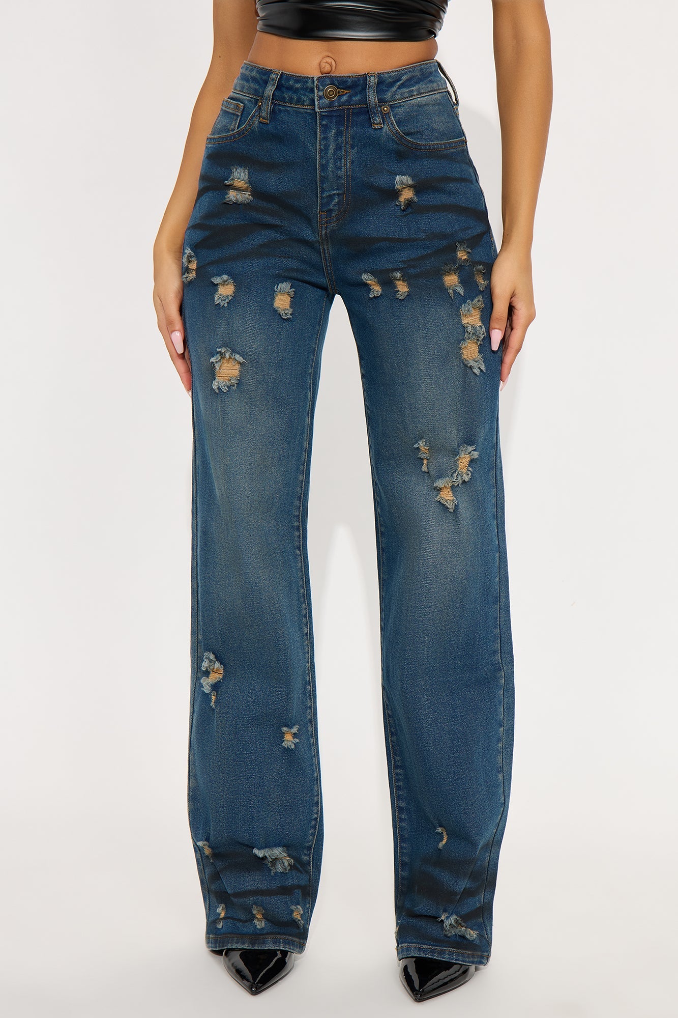 Power Move Distressed Straight Leg Jeans - Vintage Wash