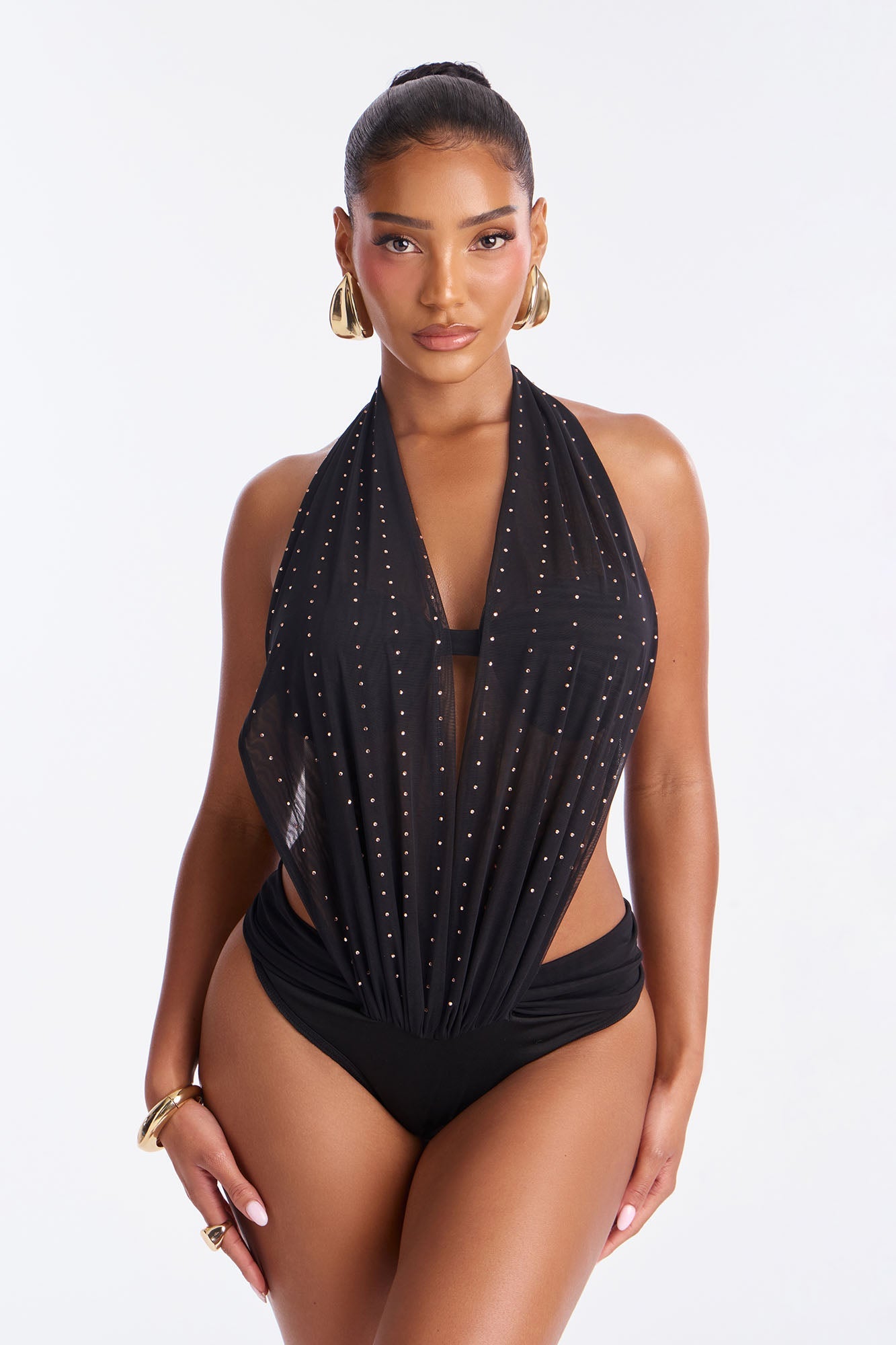 Love Spell Rhinestone Mesh Halter Bodysuit - Black