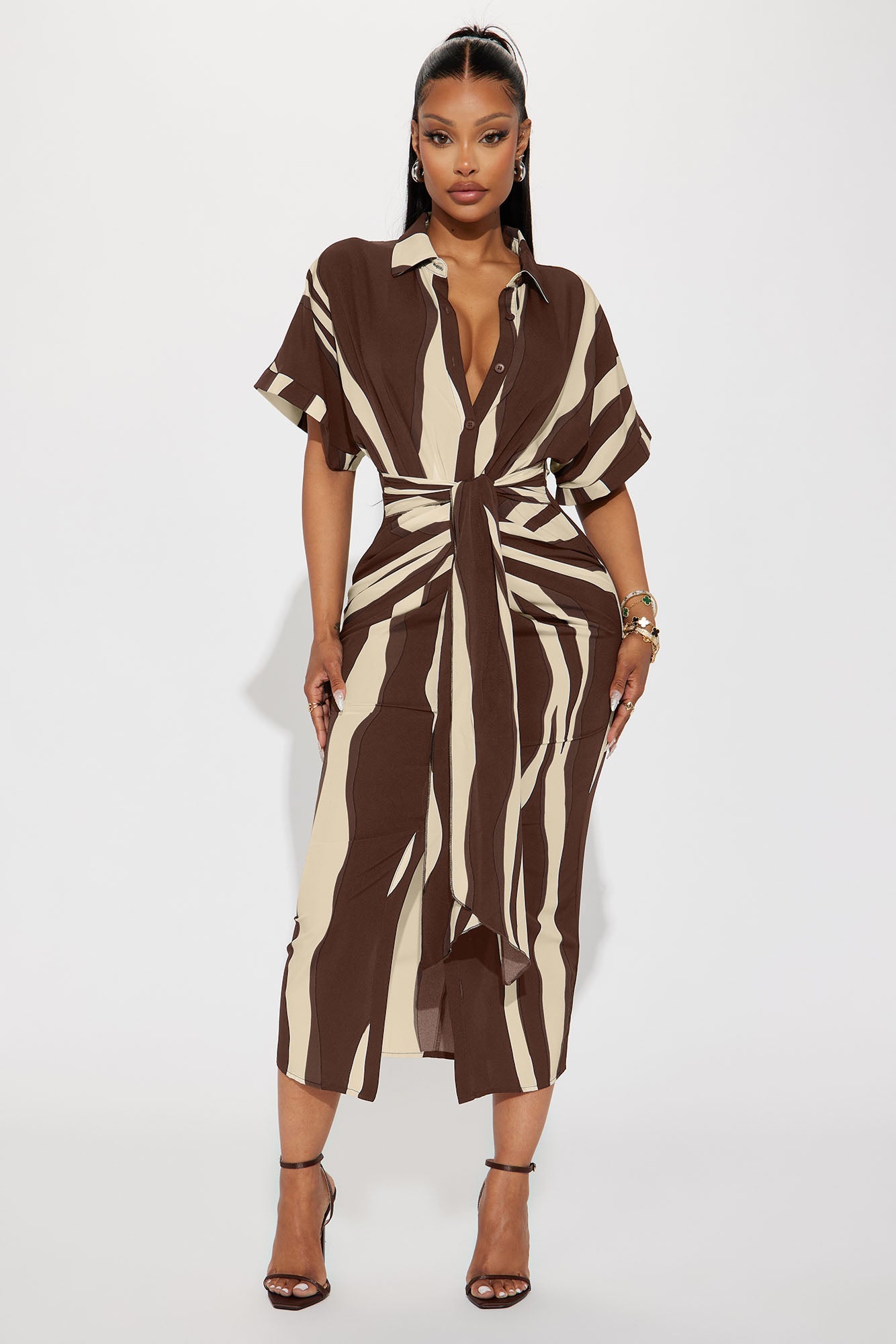 Laurie Button Down Midi Dress - Brown/combo