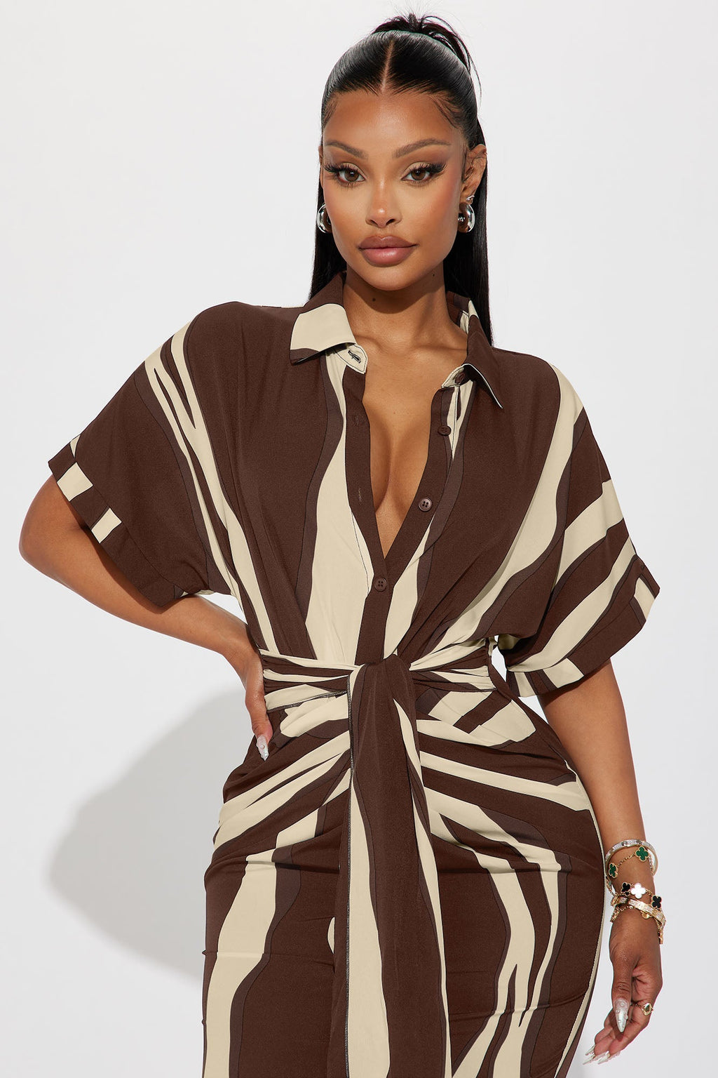 Laurie Button Down Midi Dress - Brown/combo