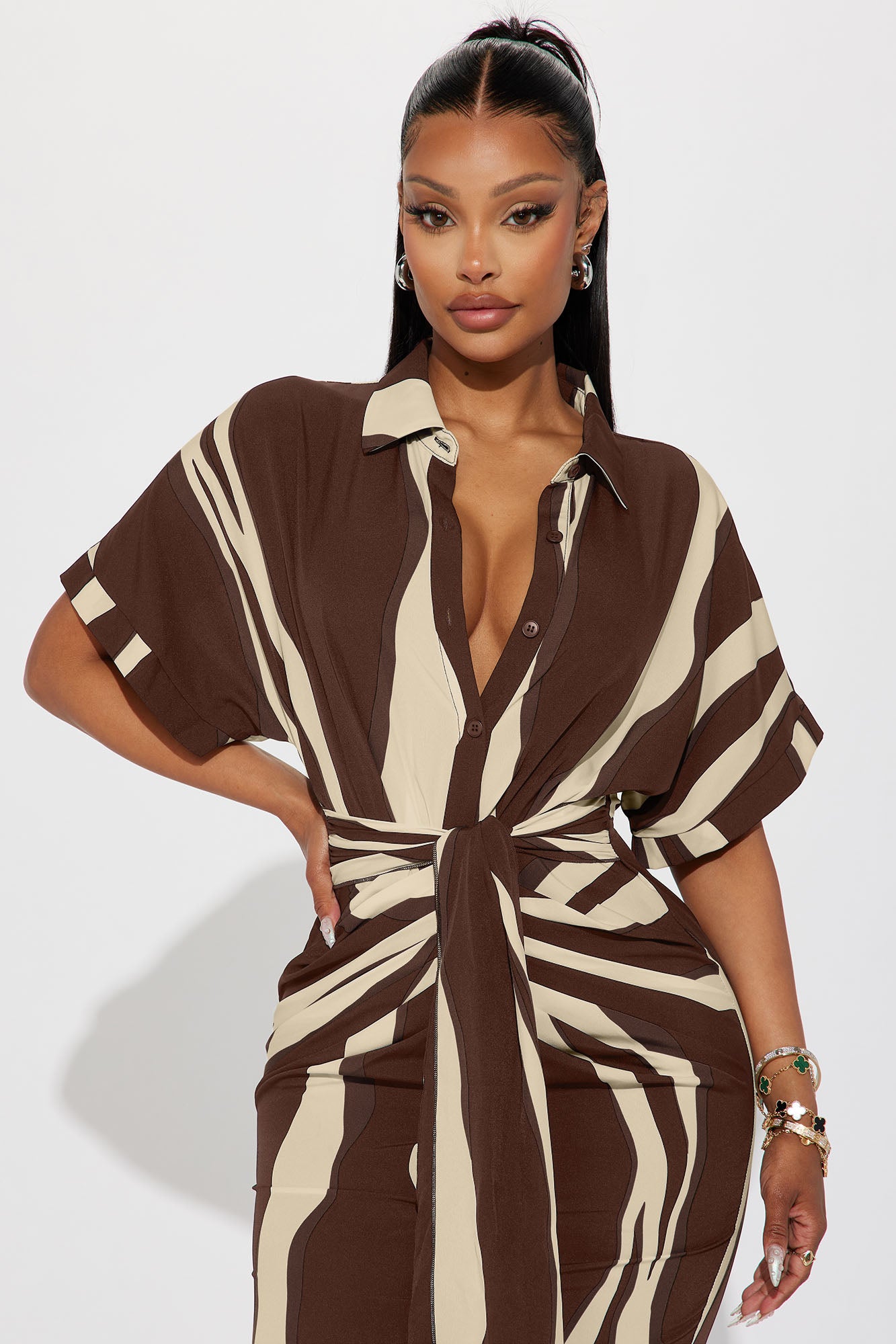 Laurie Button Down Midi Dress - Brown/combo