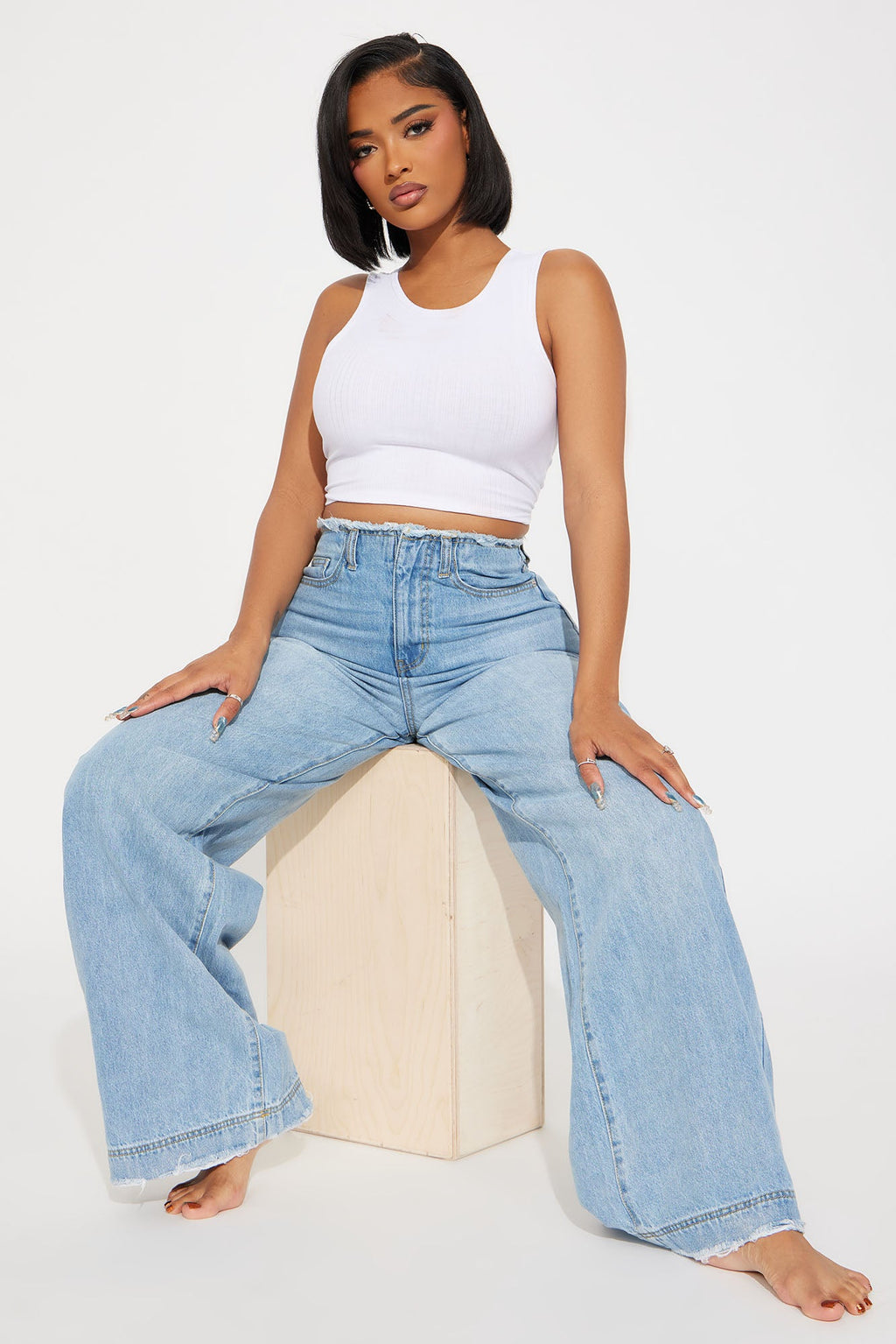 In Your Dreams Cut Off Waistband Baggy Jean - Medium Wash