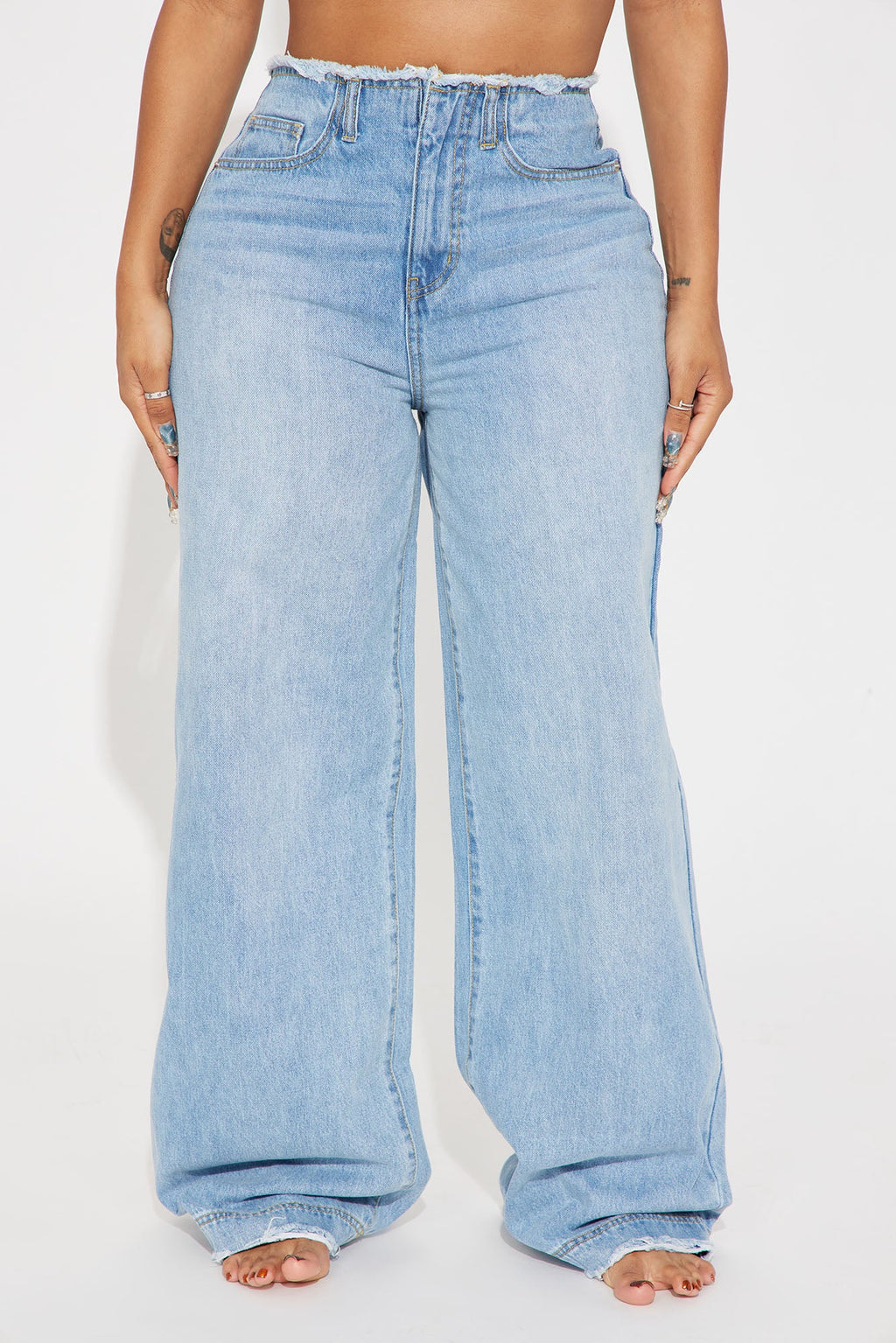 In Your Dreams Cut Off Waistband Baggy Jean - Medium Wash