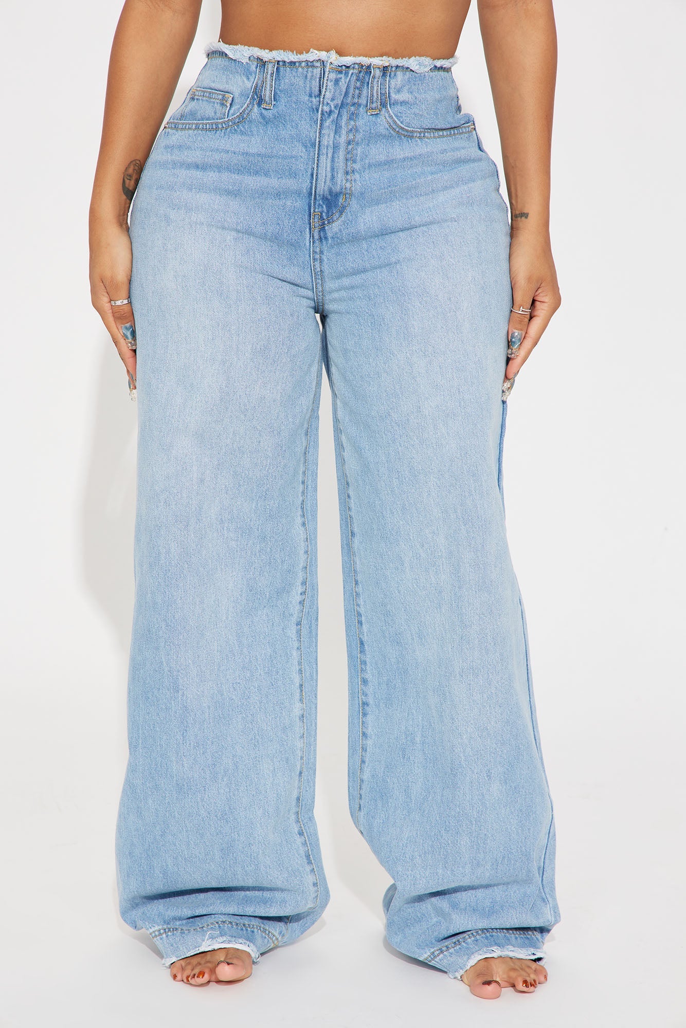 In Your Dreams Cut Off Waistband Baggy Jean - Medium Wash