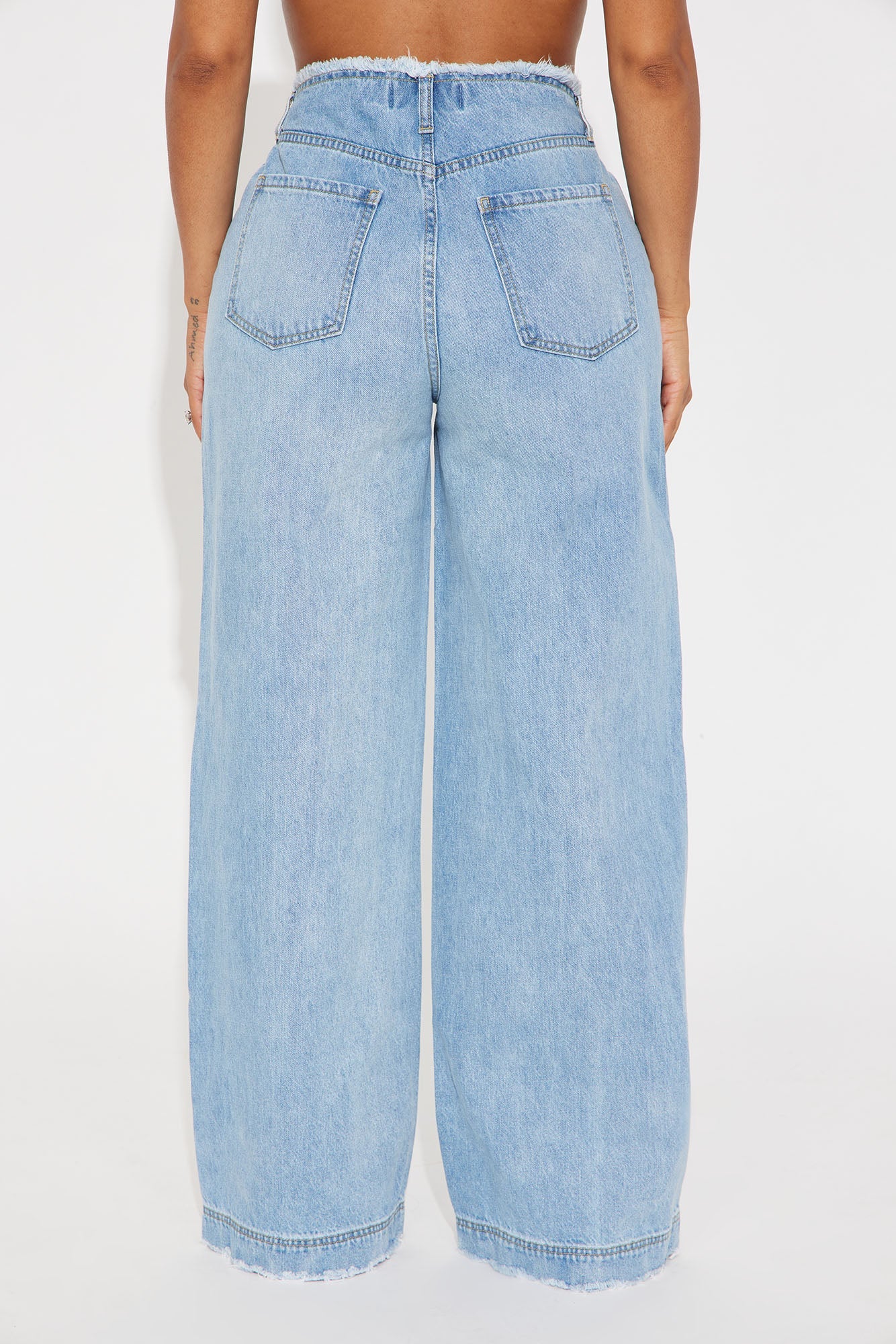 In Your Dreams Cut Off Waistband Baggy Jean - Medium Wash