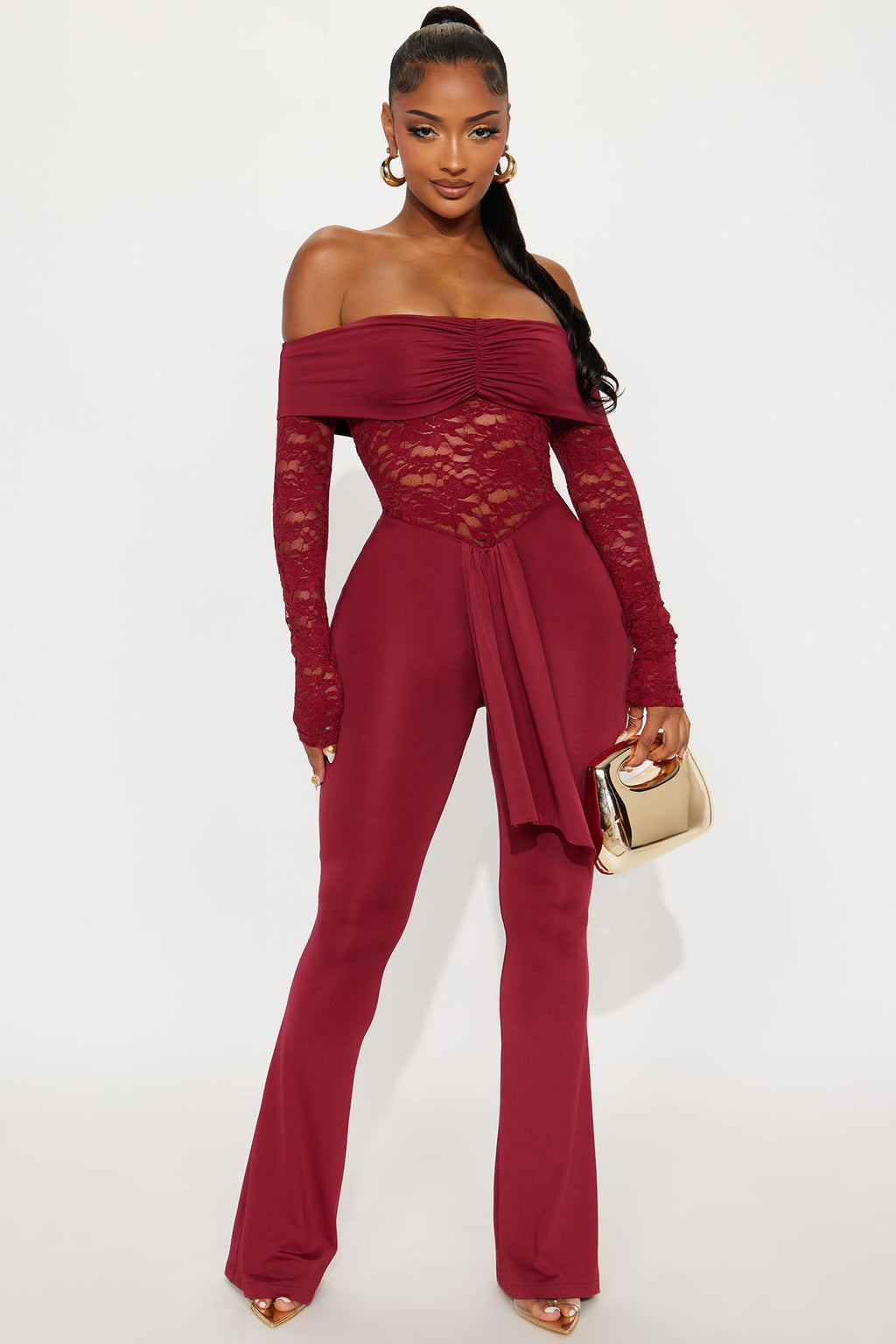 Hands On Lace Off Shoulder Jumpsuit - Burgundy