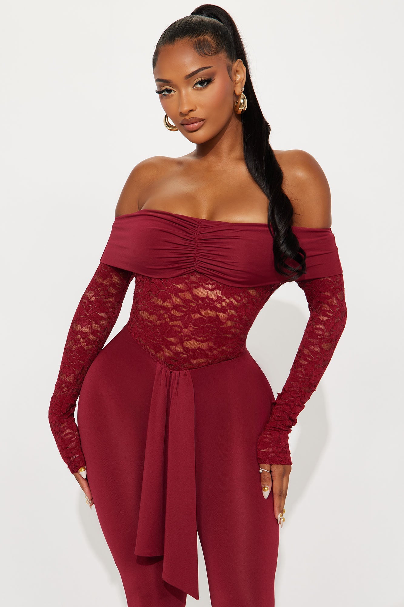 Hands On Lace Off Shoulder Jumpsuit - Burgundy
