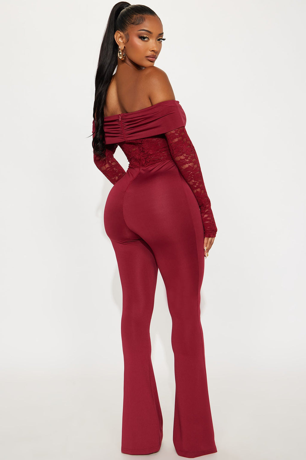 Hands On Lace Off Shoulder Jumpsuit - Burgundy