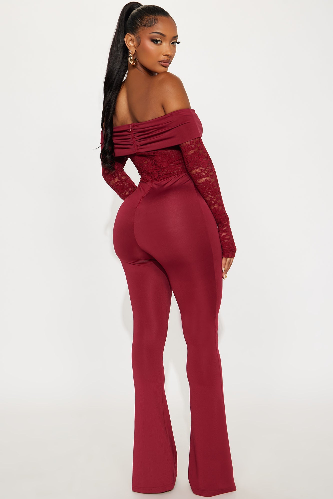 Hands On Lace Off Shoulder Jumpsuit - Burgundy