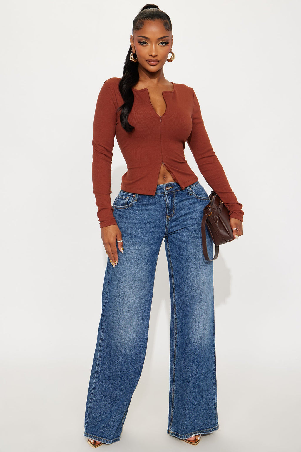 Girl Power Zip Front Ribbed Long Sleeve Top - Rust