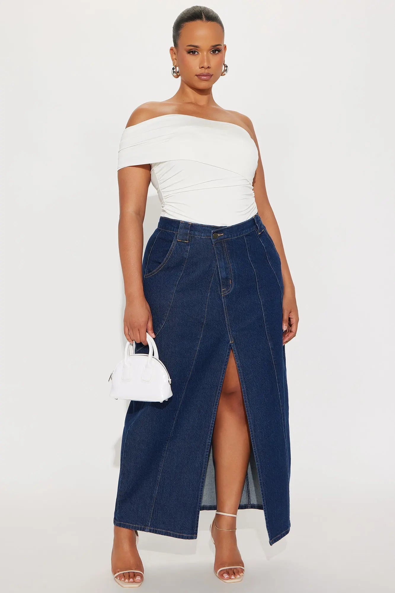 Penny Front Slit Denim Maxi Skirt - Rinse Blue Wash 