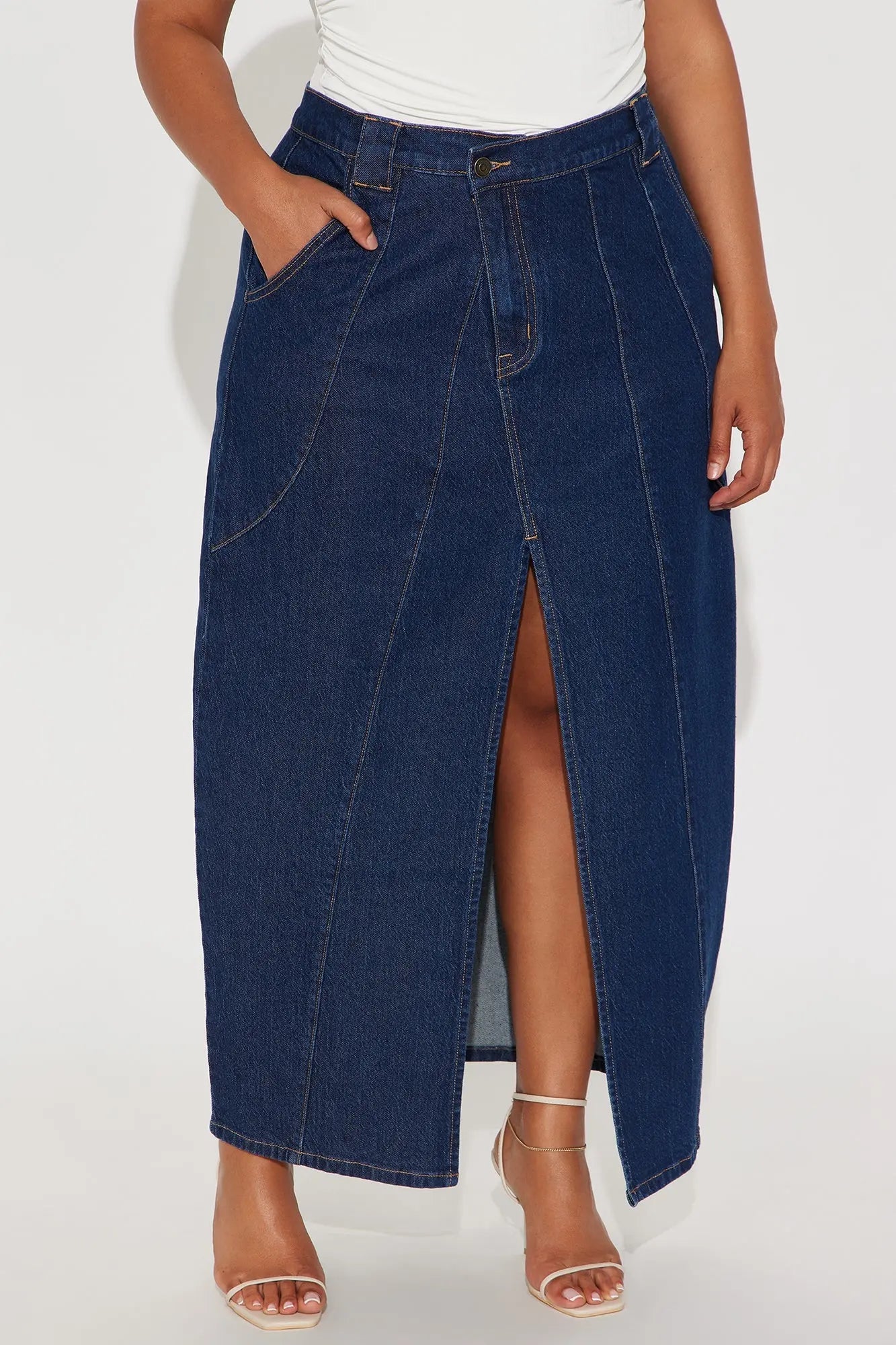 Penny Front Slit Denim Maxi Skirt - Rinse Blue Wash 