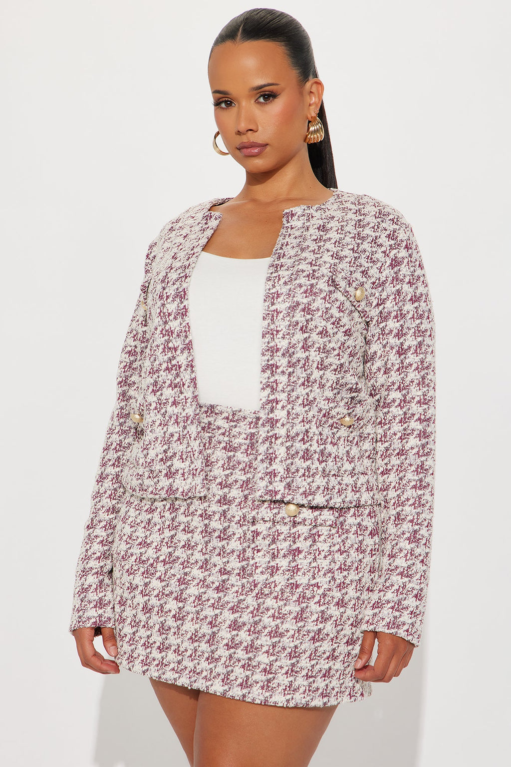 Milani Knit Tweed Jacket Skirt Set - Burgundy 