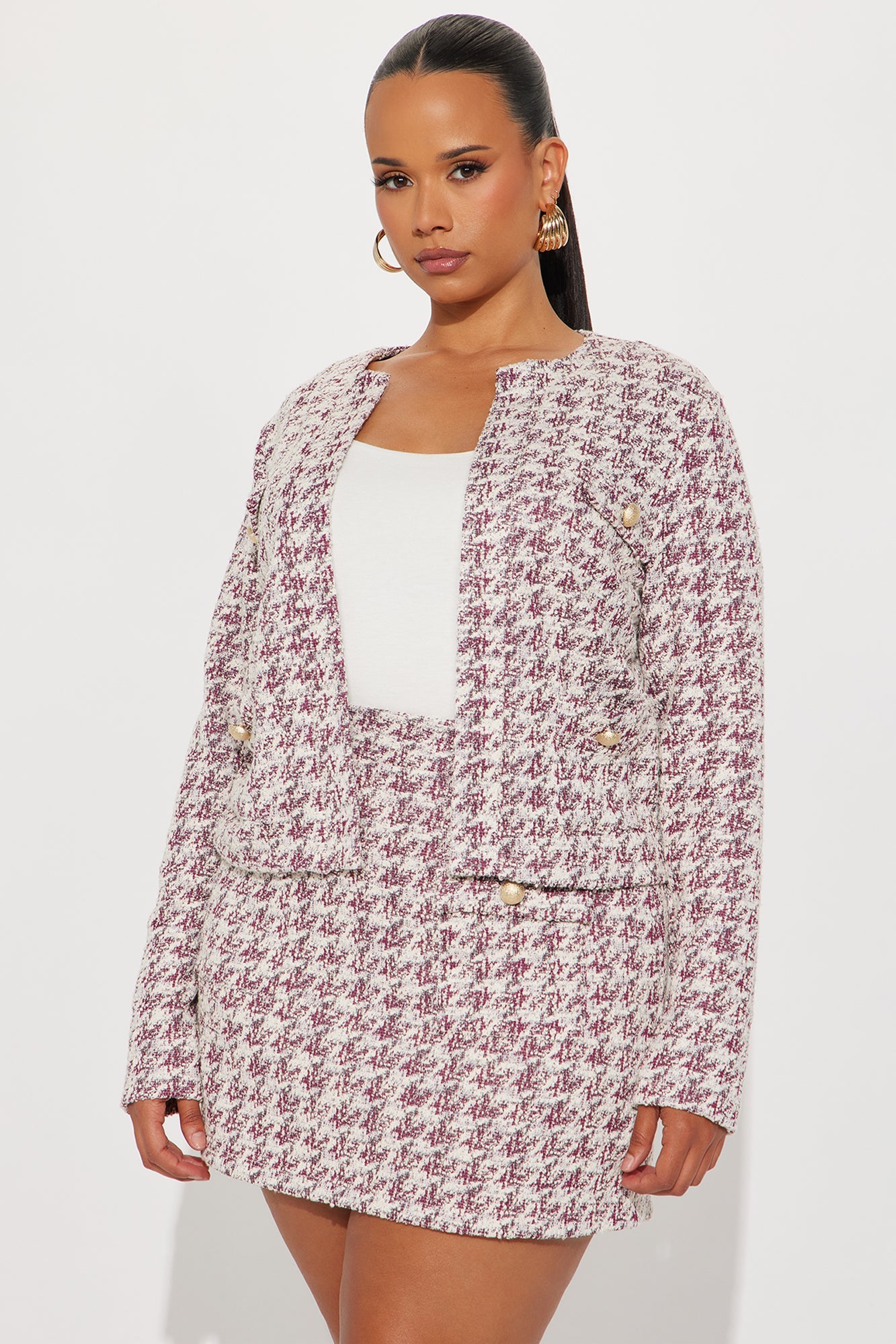 Milani Knit Tweed Jacket Skirt Set - Burgundy 