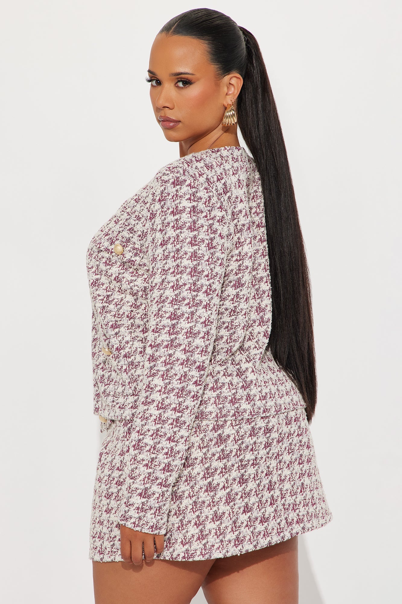 Milani Knit Tweed Jacket Skirt Set - Burgundy 