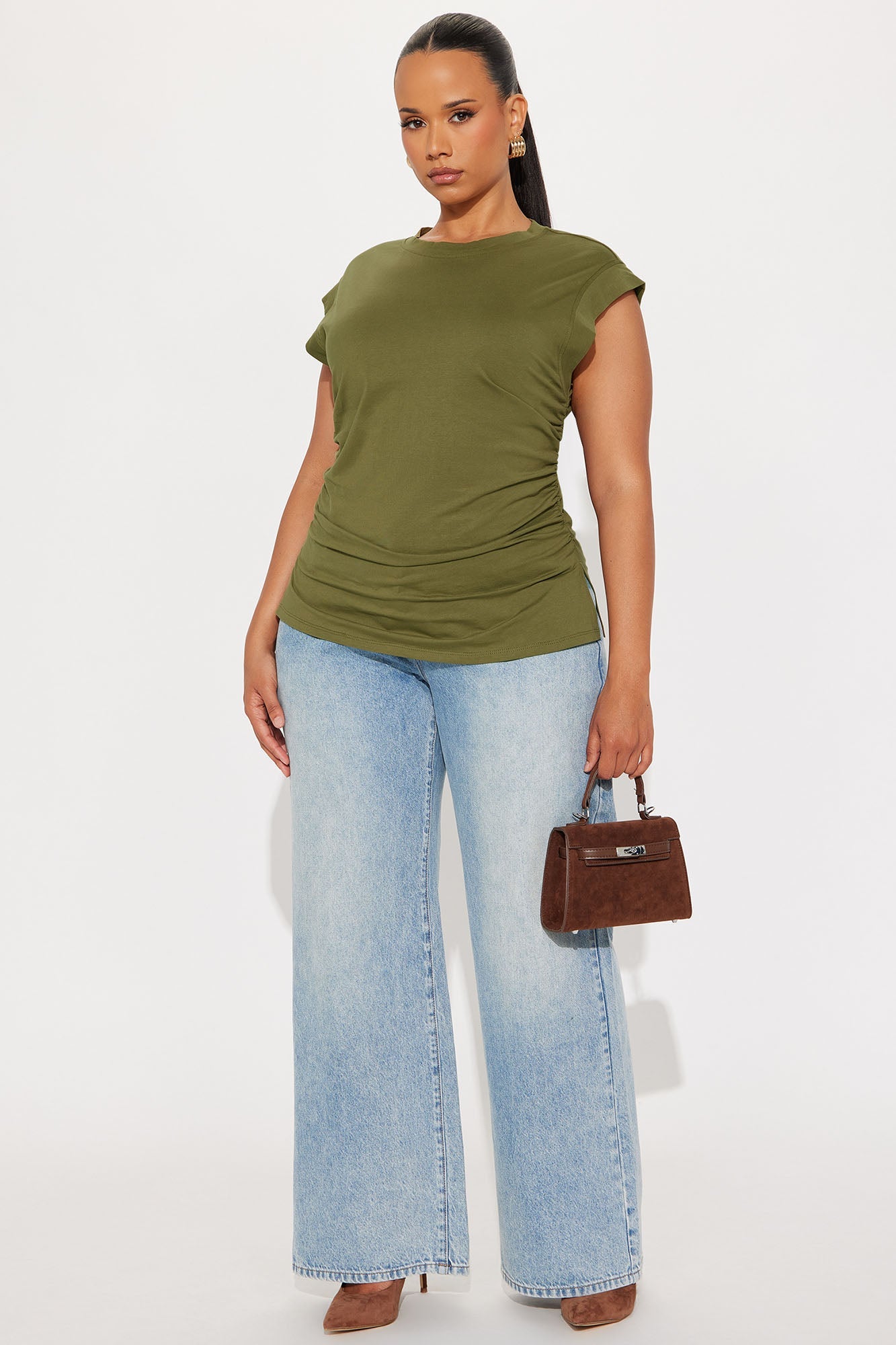 Della Ruched Short Sleeve Tshirt - Olive