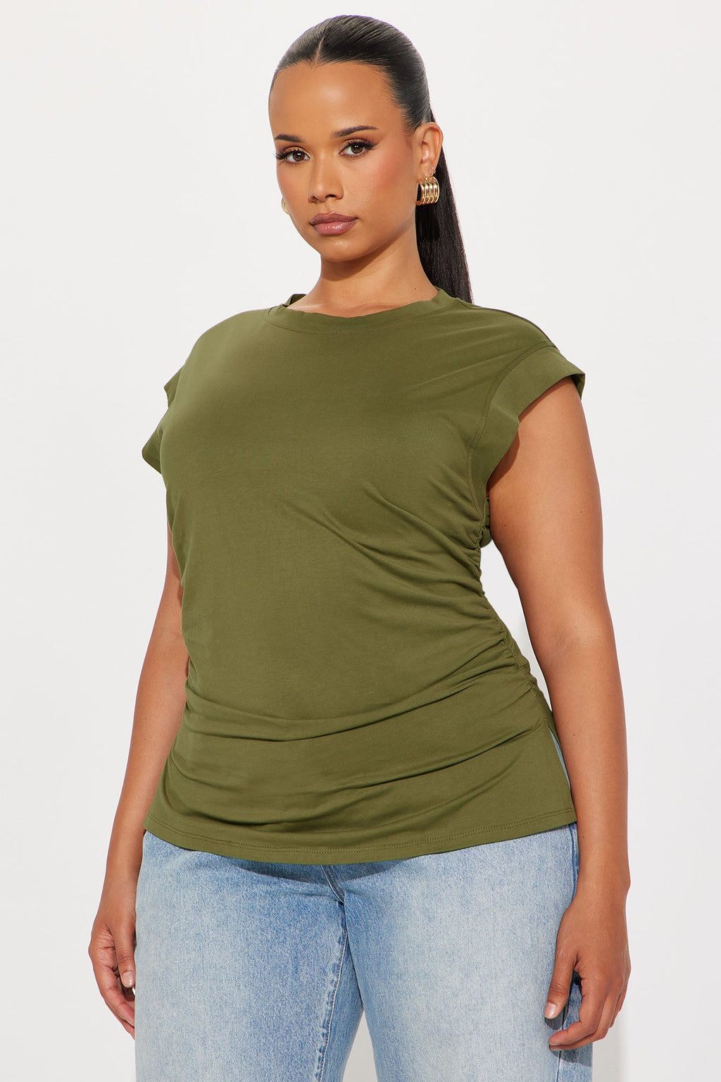Della Ruched Short Sleeve Tshirt - Olive