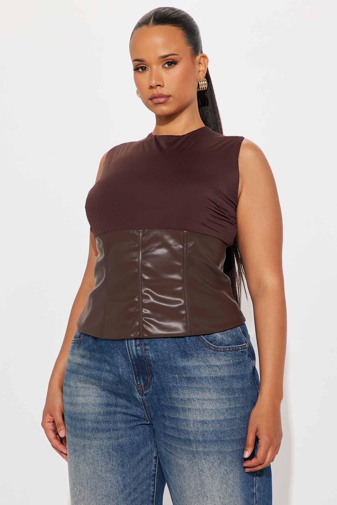 Maneater Corset Waist Sleeveless Top - Brown