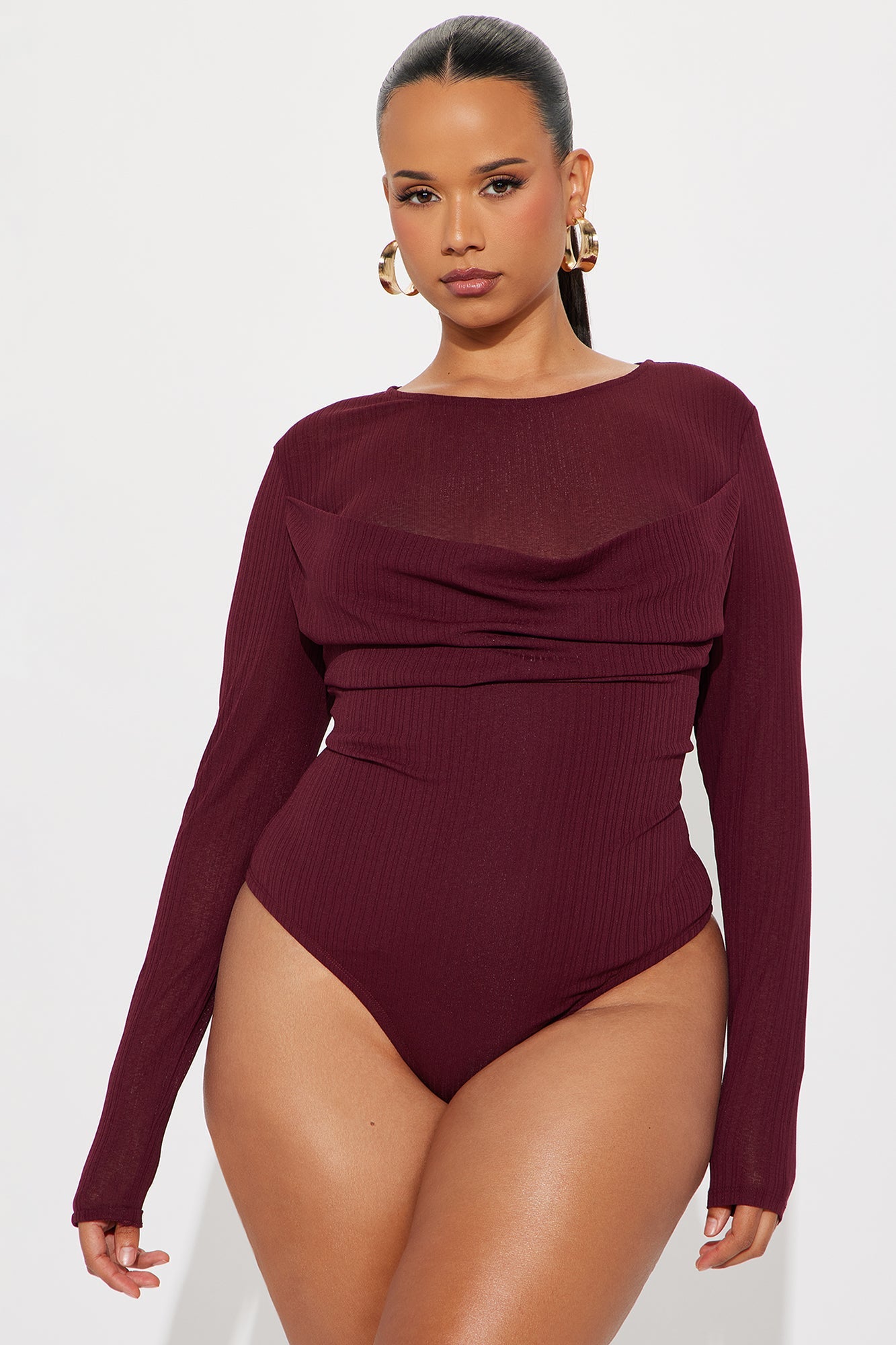 Feminine Flair Long Sleeve Ribbed Bodysuit - Burgundy