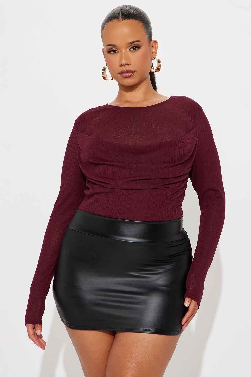 Feminine Flair Long Sleeve Ribbed Bodysuit - Burgundy