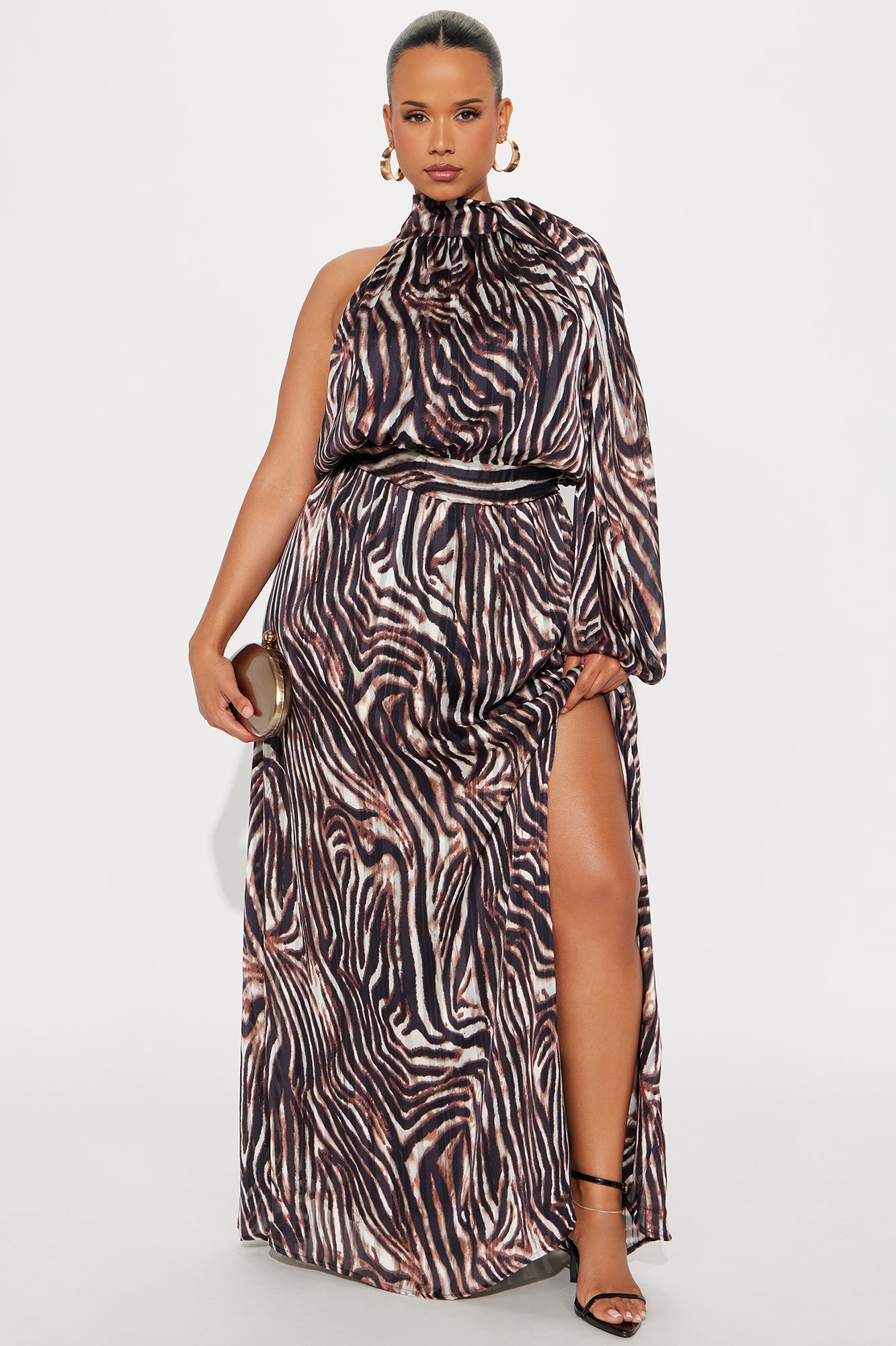 Baylee Zebra One Shoulder Maxi Dress - Brown/combo
