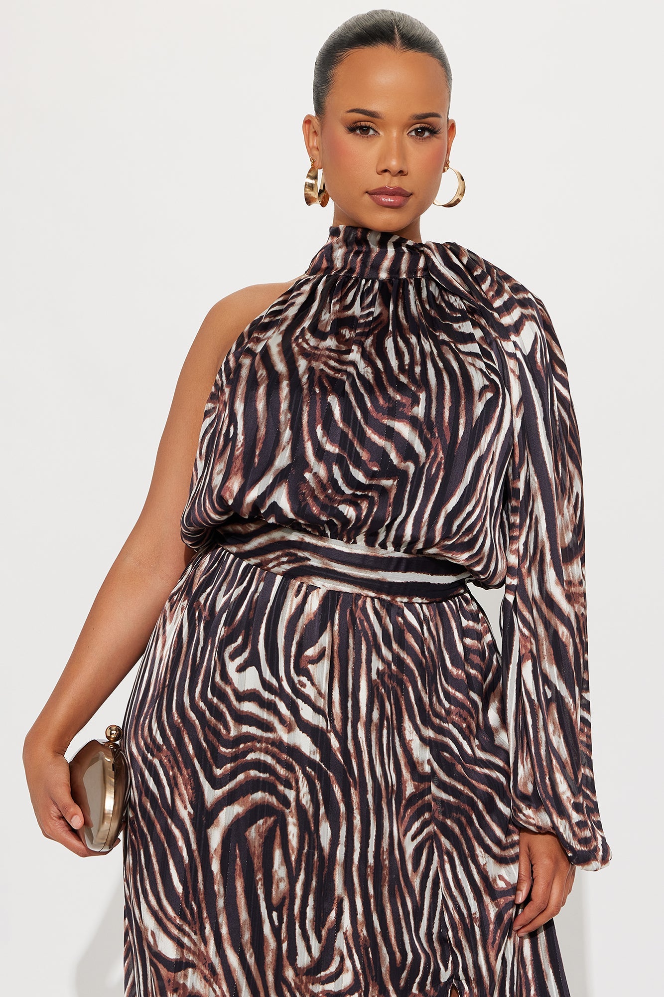 Baylee Zebra One Shoulder Maxi Dress - Brown/combo